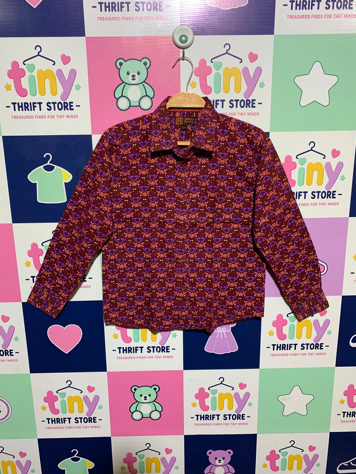 Aarong Boys Maroon Ethnic Geometric Print Long Sleeve Button-Down Shirt - Size Estimated Age 8-9 Years AB1