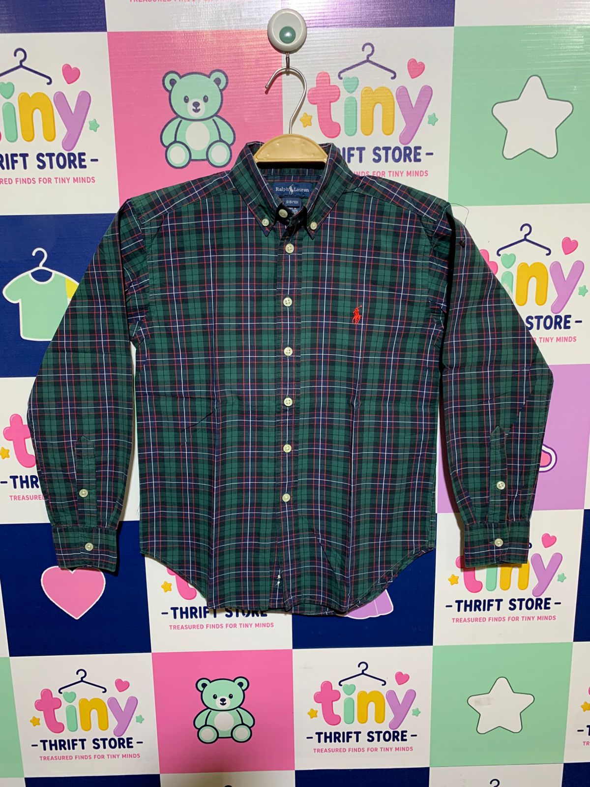 Ralph Lauren Boys Green and Navy Plaid Long Sleeve Button-Down Shirt - Size Estimated Age 8-10 Years AB1