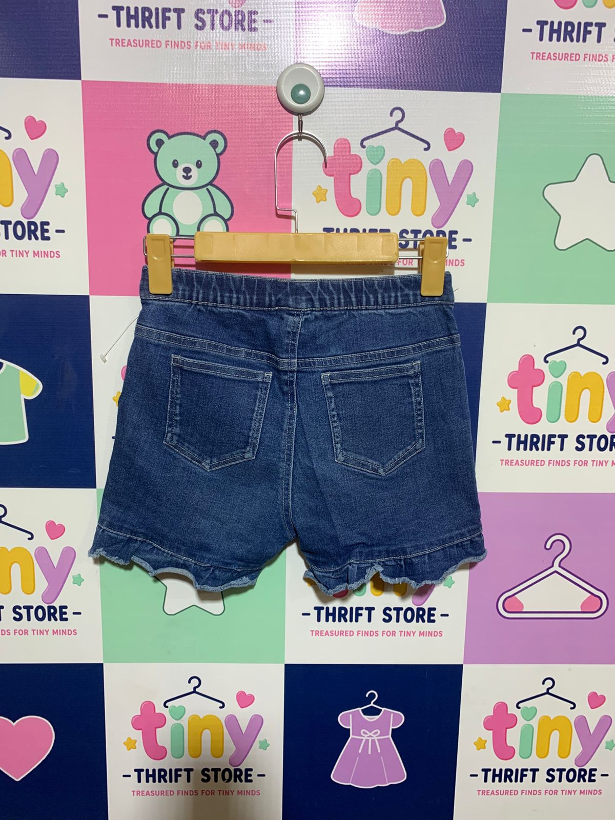 365 Kids from Garanimals Girls Dark Wash Denim Shorts with Rainbow Sequin Side Stripes - Size Estimated Age 10 Years AB1