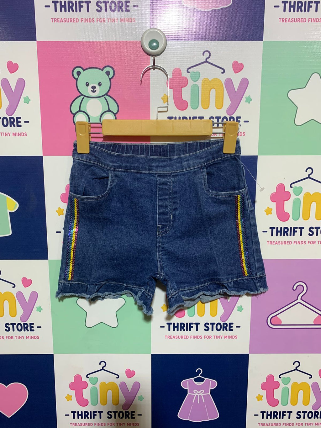 365 Kids from Garanimals Girls Dark Wash Denim Shorts with Rainbow Sequin Side Stripes - Size Estimated Age 10 Years AB1