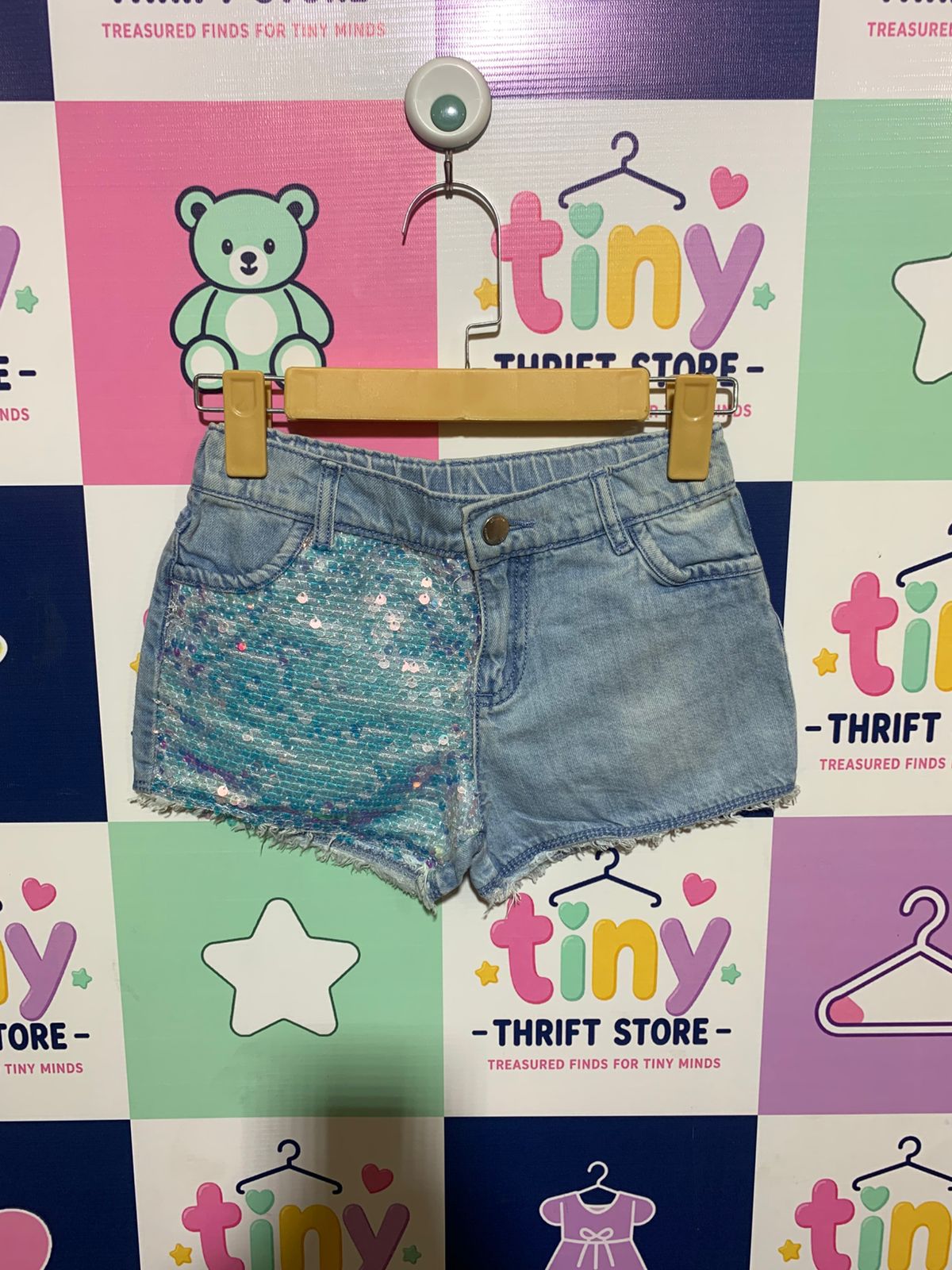 F&F Kids Girls Light Wash Denim Shorts with Iridescent Teal Sequins - Size Estimated Age 8-9 Years AB1