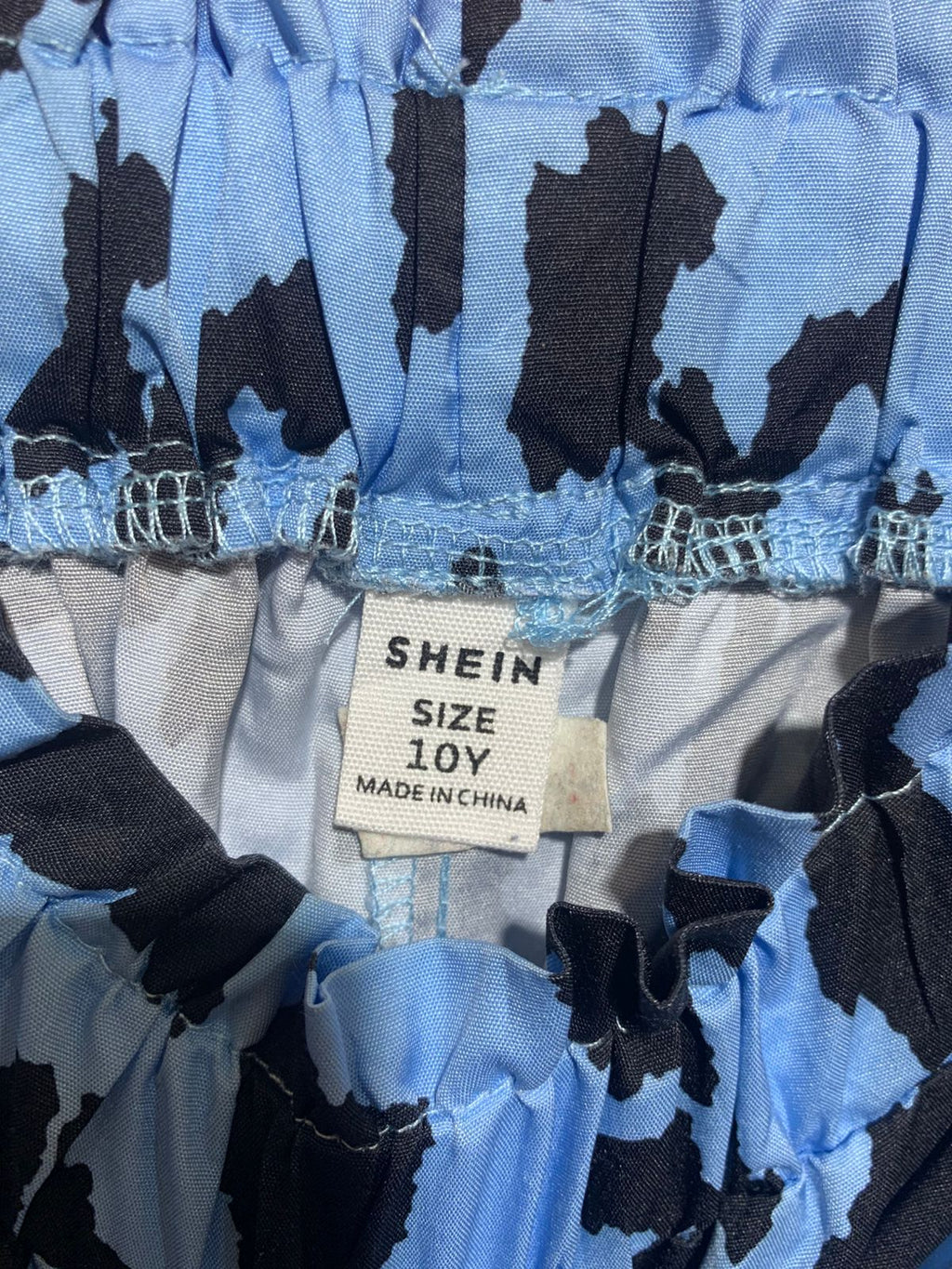 SHEIN Girls Sky Blue and Black Abstract Animal Print Paperbag Shorts - Size Estimated Age 10 Years AB1