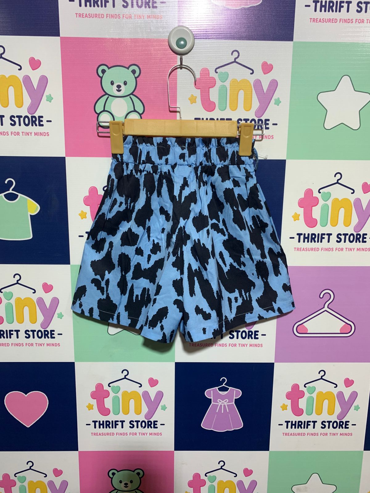 SHEIN Girls Sky Blue and Black Abstract Animal Print Paperbag Shorts - Size Estimated Age 10 Years AB1