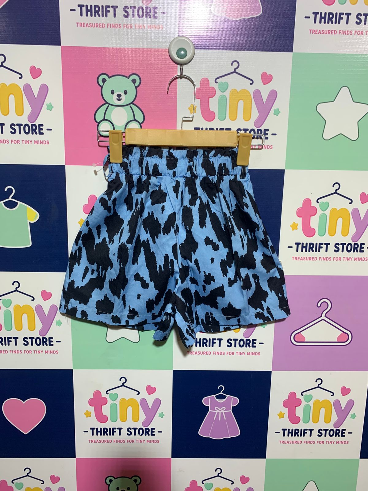 SHEIN Girls Sky Blue and Black Abstract Animal Print Paperbag Shorts - Size Estimated Age 10 Years AB1
