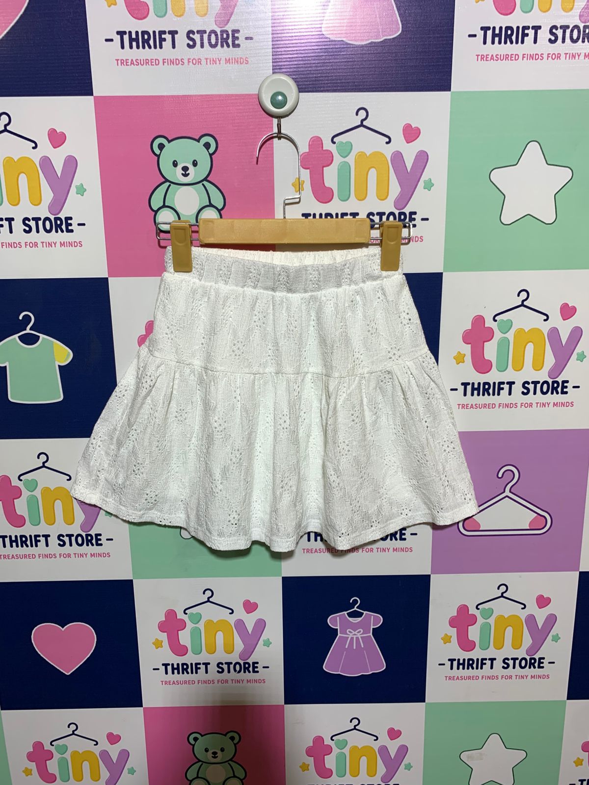 Gemo Girls Crisp White Textured Eyelet Tiered Skirt - Size Estimated Age 10 Years AB1