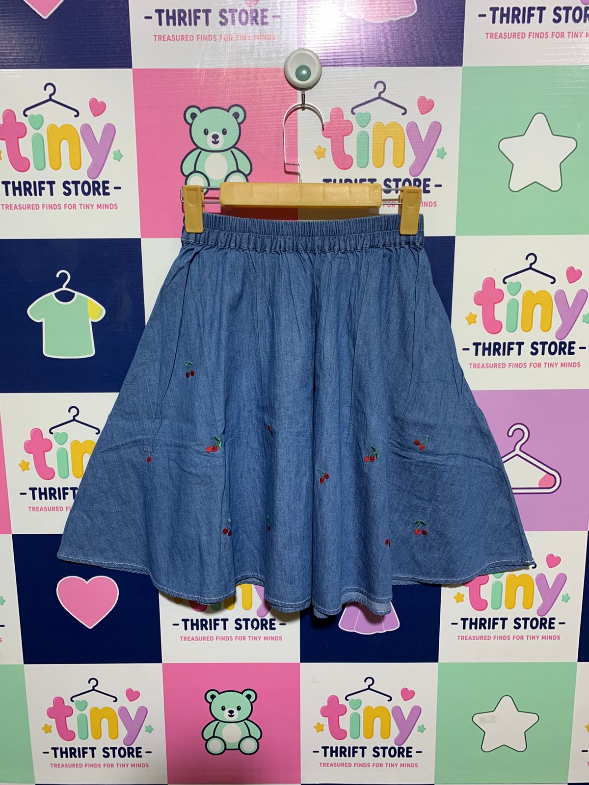 Love Toxic Girls Blue Denim A-Line Skirt with Cherry Embroidery & Bow Tie - Size Estimated Age 12 Years AB1