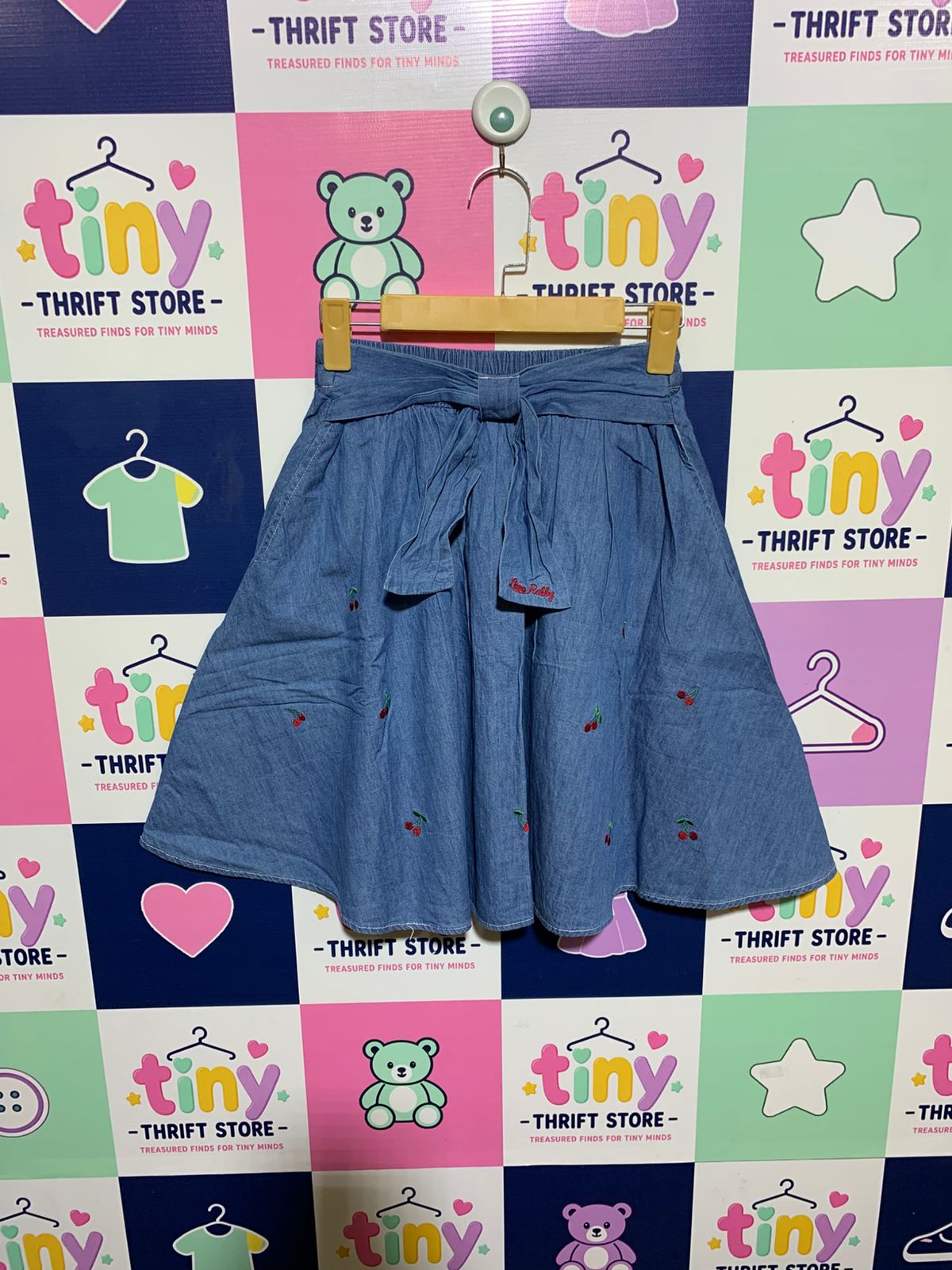 Love Toxic Girls Blue Denim A-Line Skirt with Cherry Embroidery & Bow Tie - Size Estimated Age 12 Years AB1