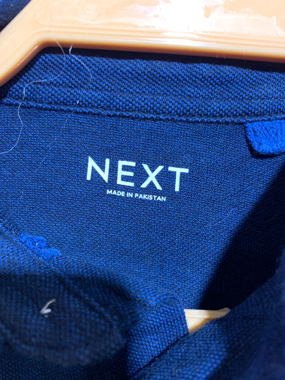 Next Boys Navy Blue Pique Polo Shirt with Yellow Stag Embroidery - Size Estimated Age 6 Years AB1