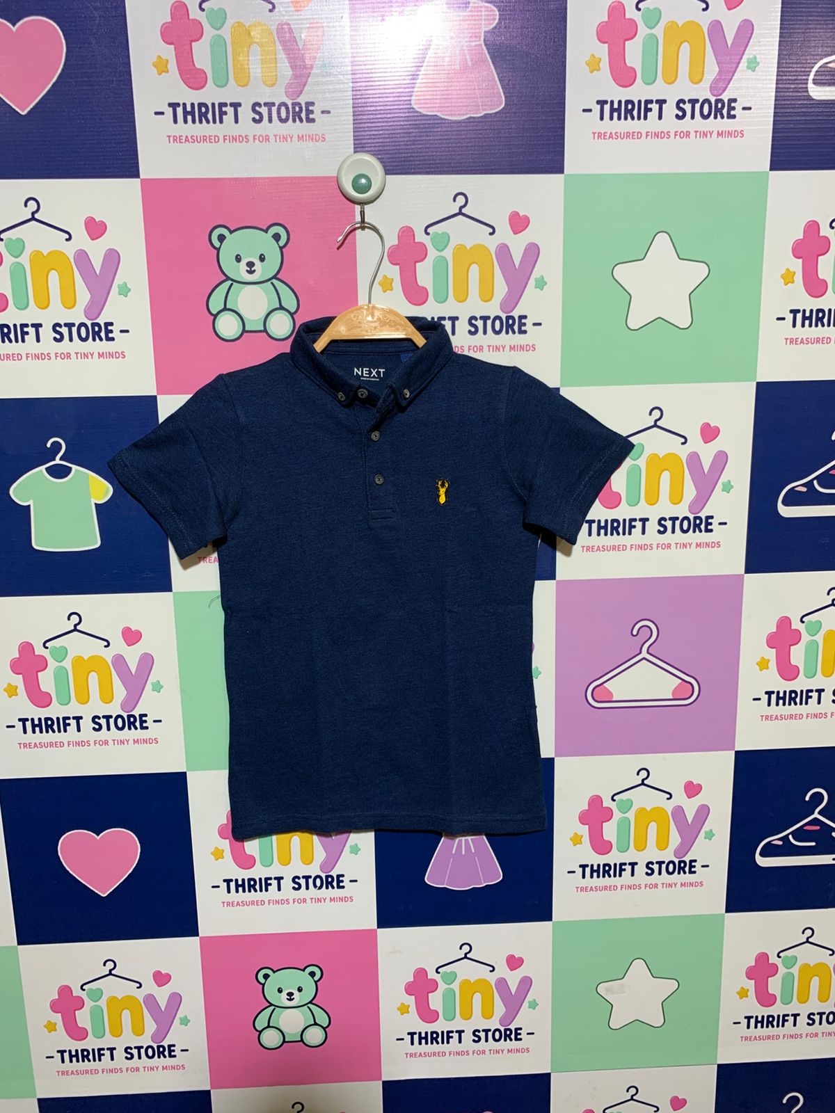 Next Boys Navy Blue Pique Polo Shirt with Yellow Stag Embroidery - Size Estimated Age 6 Years AB1