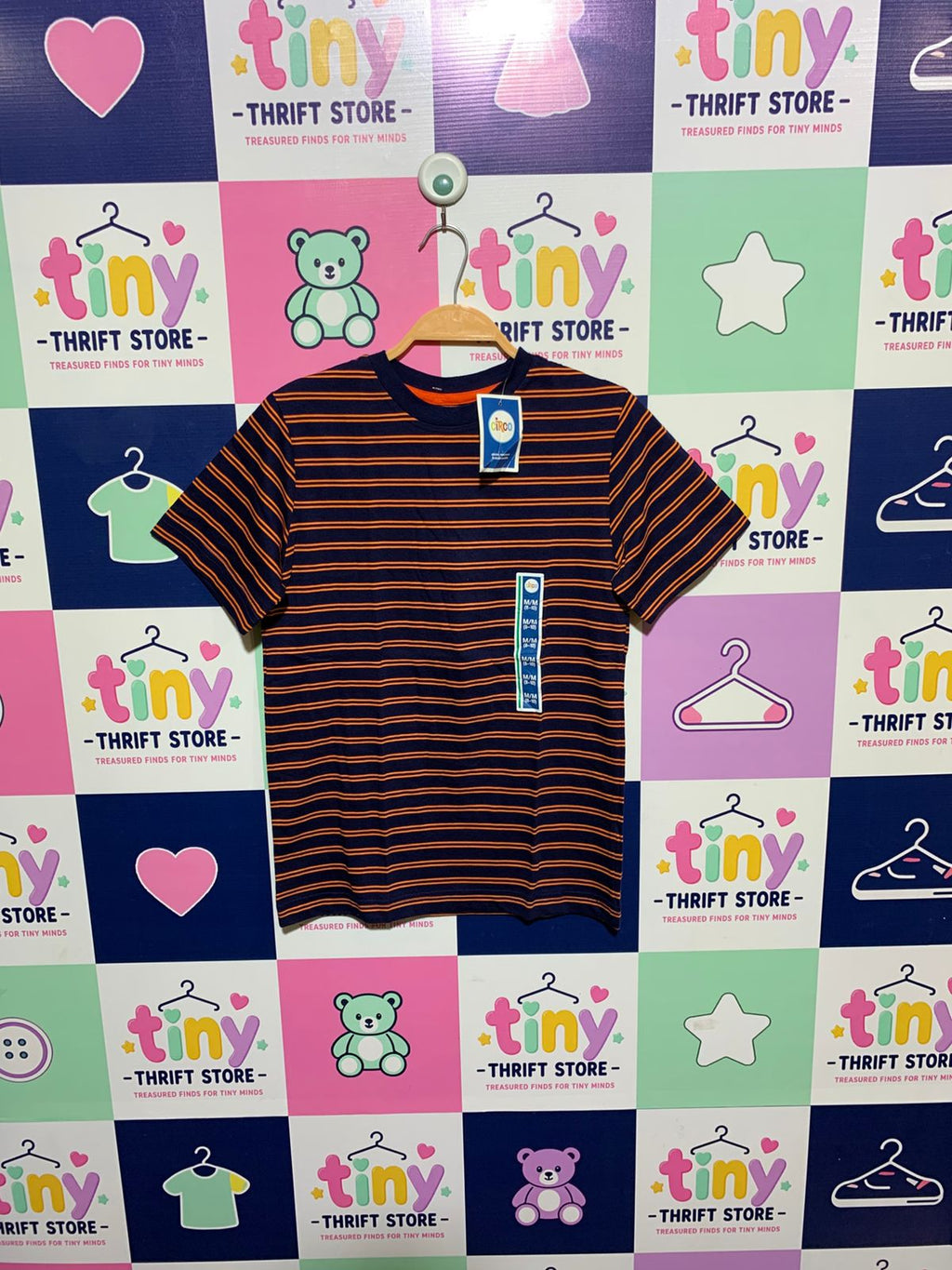 Circo Boys Navy & Orange Horizontal Striped Short Sleeve Tee - Size Estimated Age 8-10 Years AB1