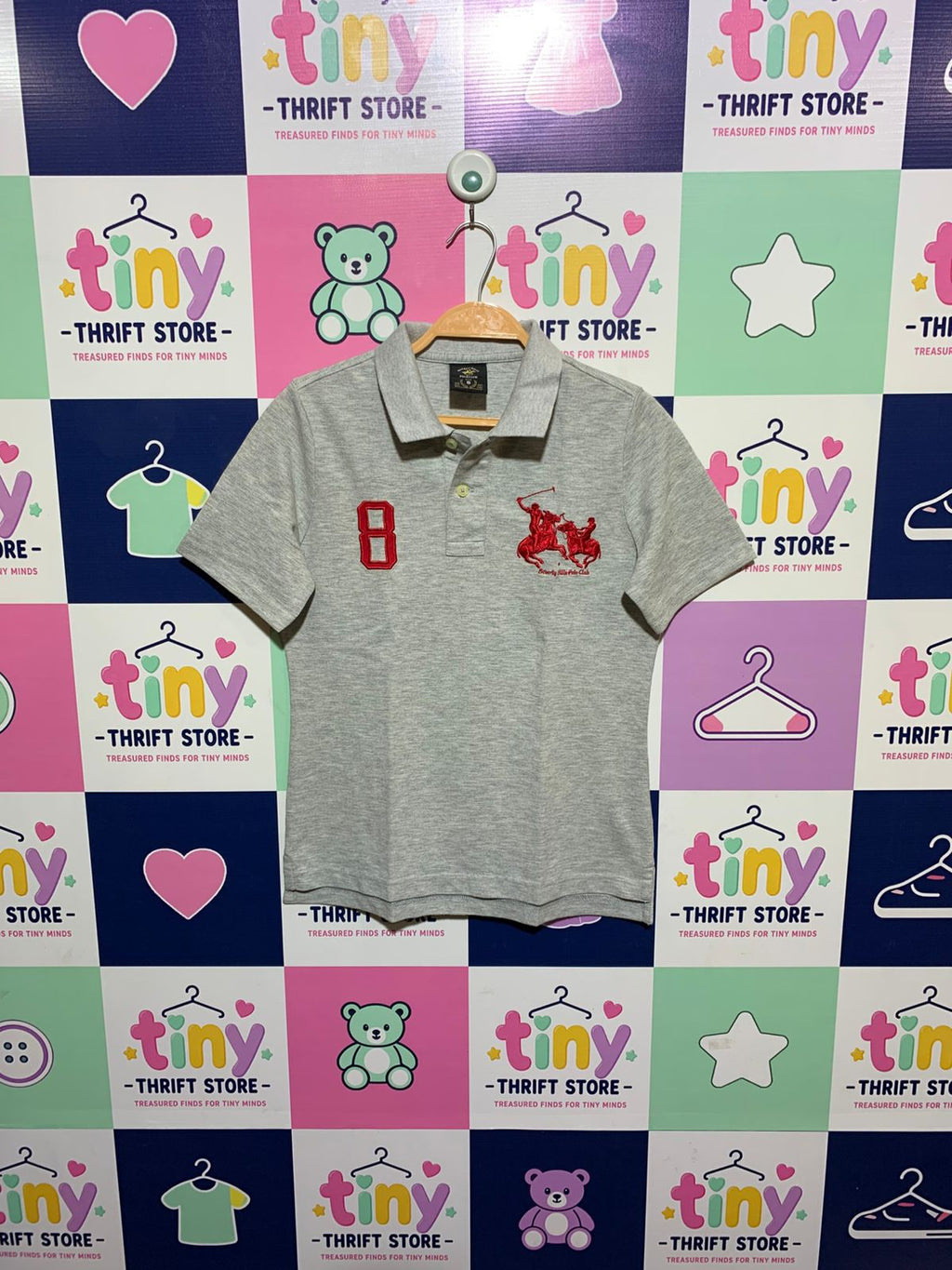 Beverly Hills Polo Club Boys Heather Grey "8" Logo Pique Polo Shirt - Size Estimated Age 6-8 Years AB1