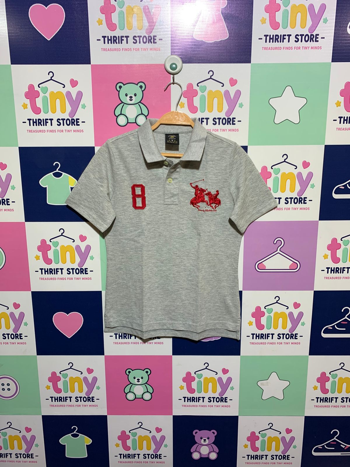 Beverly Hills Polo Club Boys Heather Grey "8" Logo Pique Polo Shirt - Size Estimated Age 6-8 Years AB1
