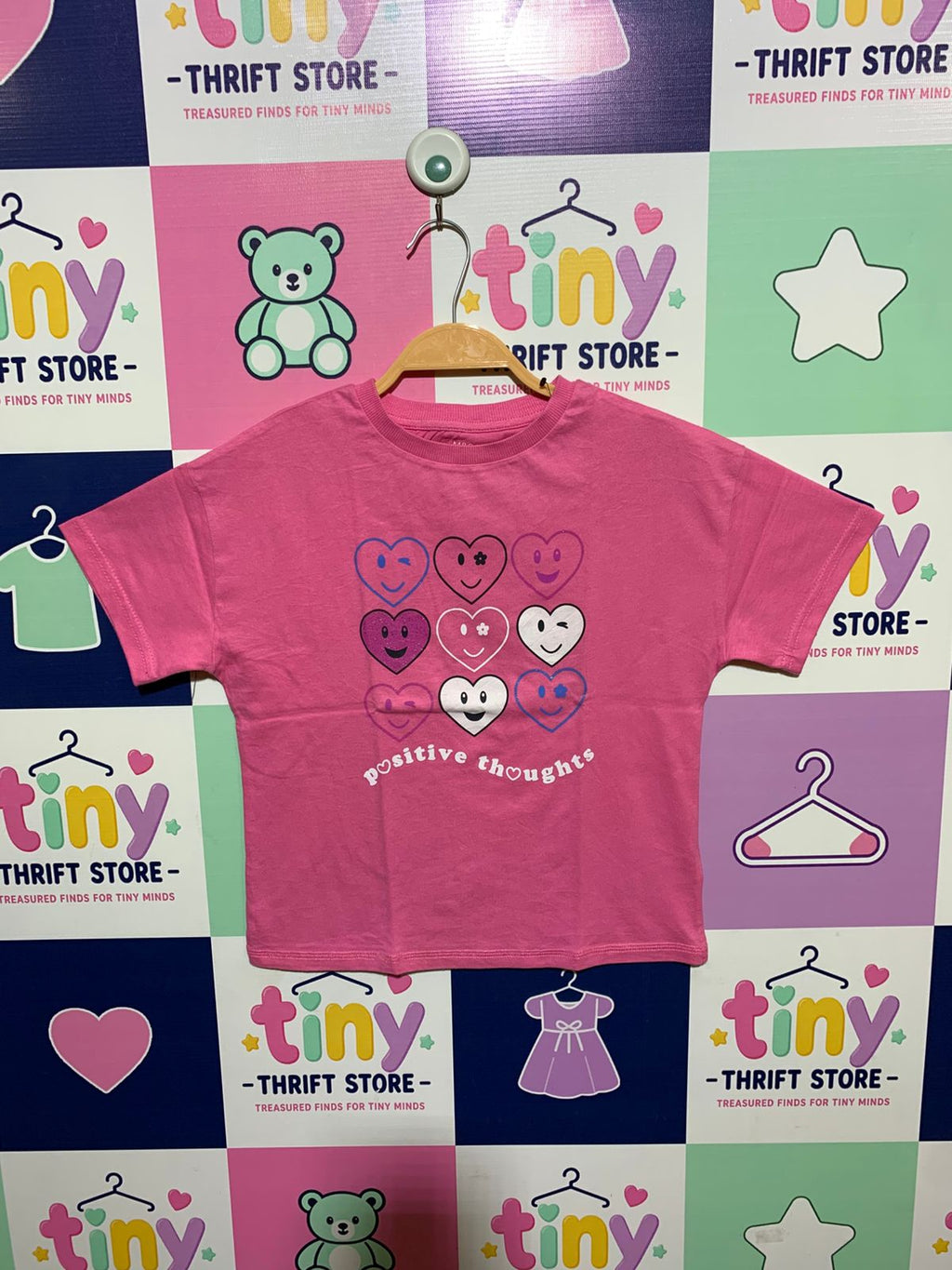 M&S Originals Girls Pink "Positive Thoughts" Heart Emoji Graphic Tee - Size Estimated Age 8-9 Years AB1