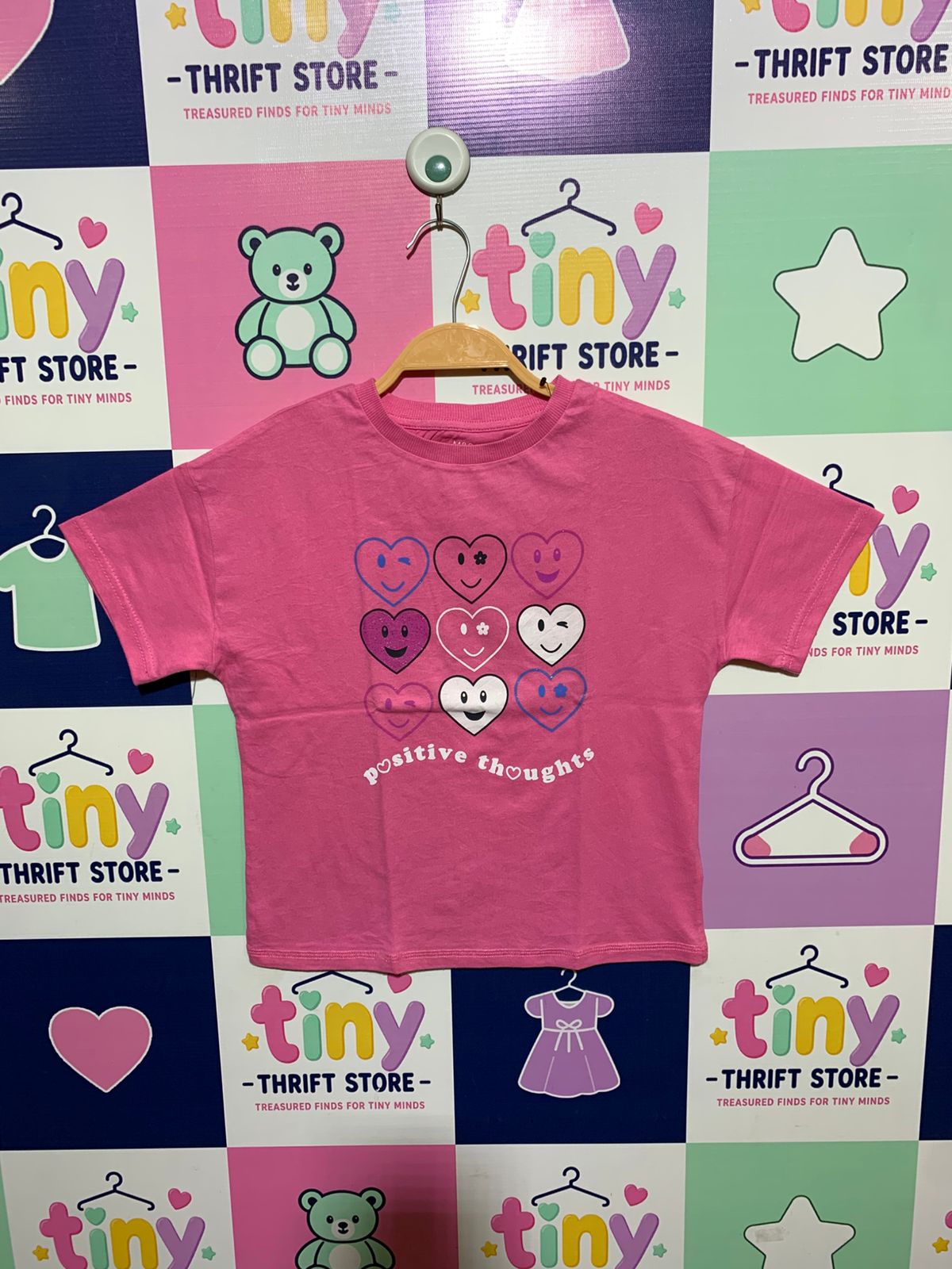 M&S Originals Girls Pink "Positive Thoughts" Heart Emoji Graphic Tee - Size Estimated Age 8-9 Years AB1