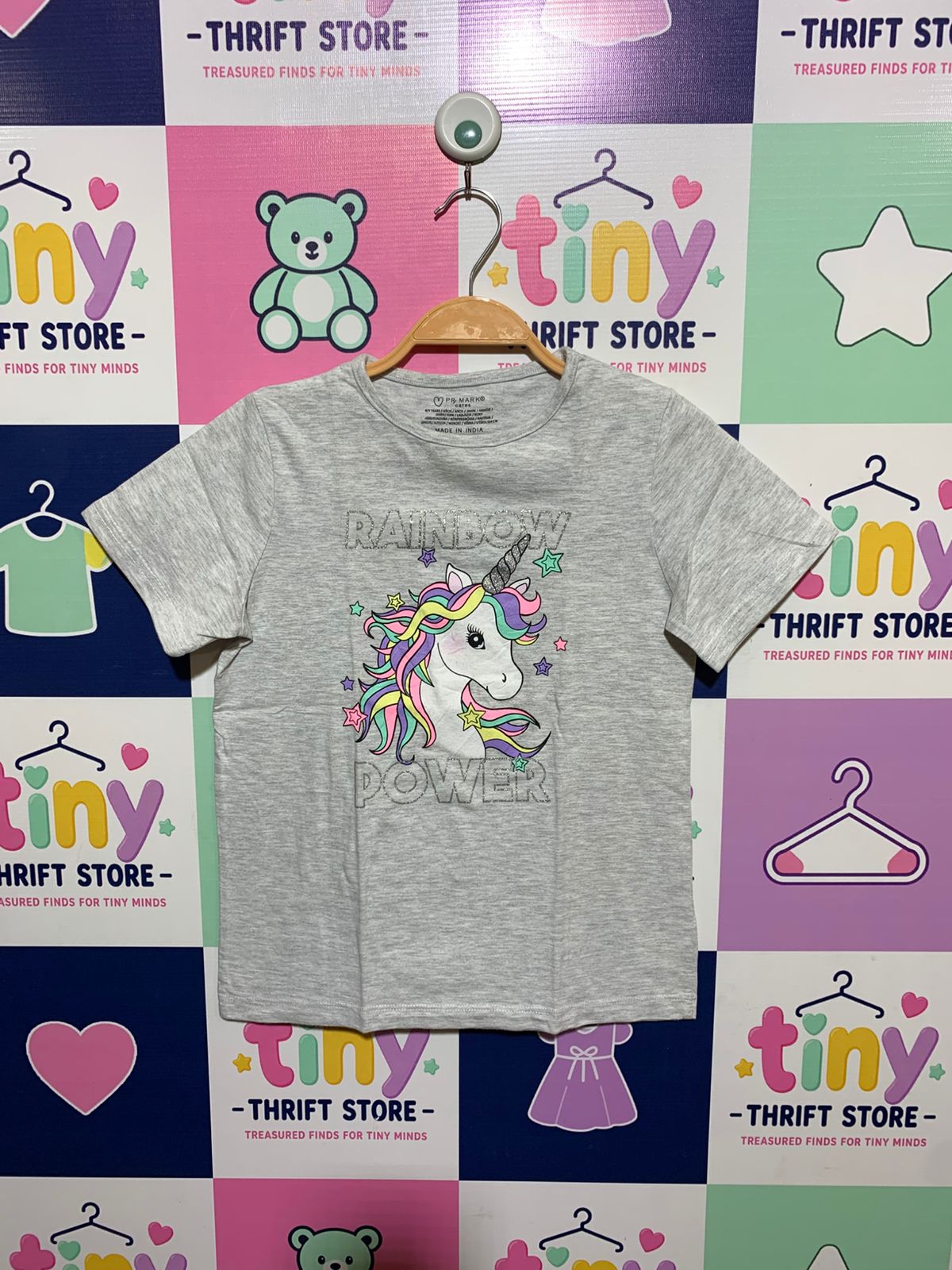 Primark Girls Heather Grey "Rainbow Power" Unicorn Graphic Tee - Size Estimated Age 8-9 Years AB1