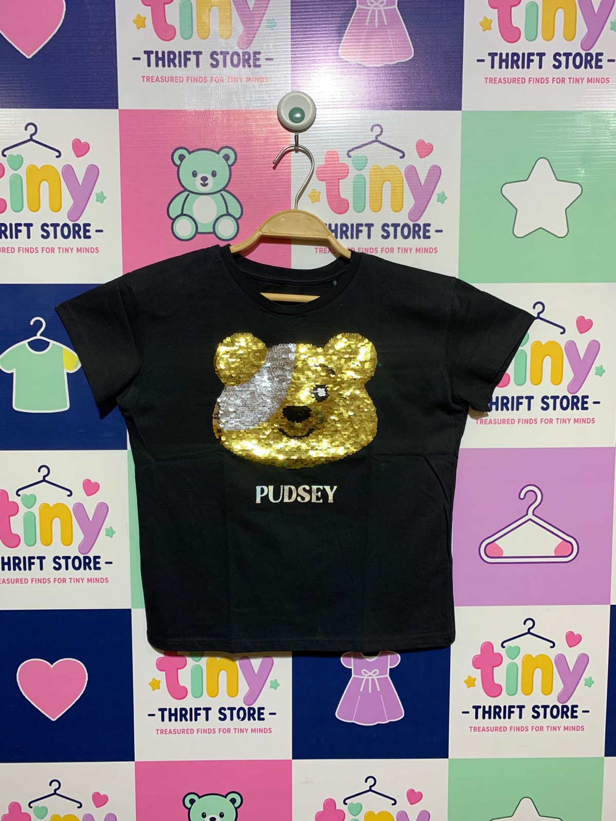 George Kids Black BBC Children In Need "Pudsey Bear" Sequin Tee - Size Estimated Age 9-10 Years AB1