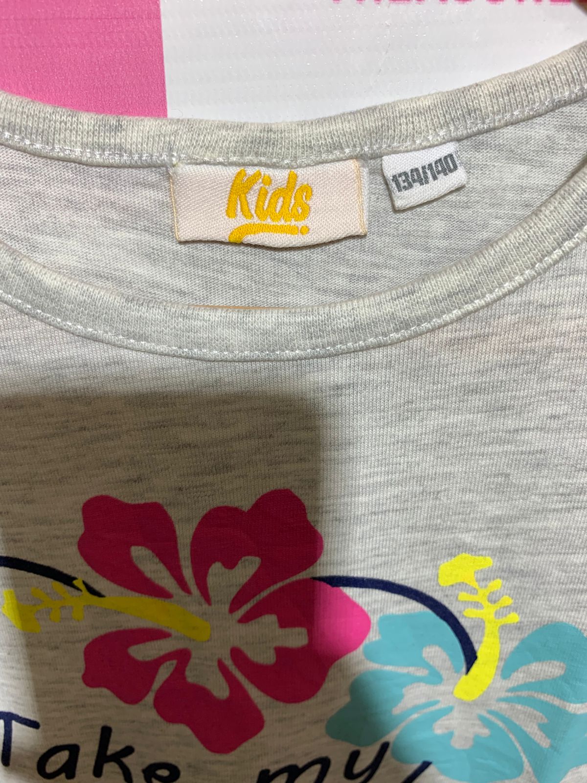 Kids Girls Heather Grey "Take My Heart" Tropical Floral Graphic Tee - Size Estimated Age 9-10 Years AB1