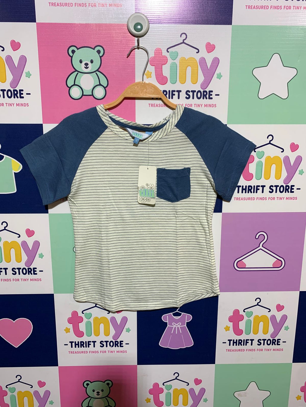 Tilii Boys Cream & Navy Striped Raglan Pocket Tee - Size Estimated Age 9 Years AB1