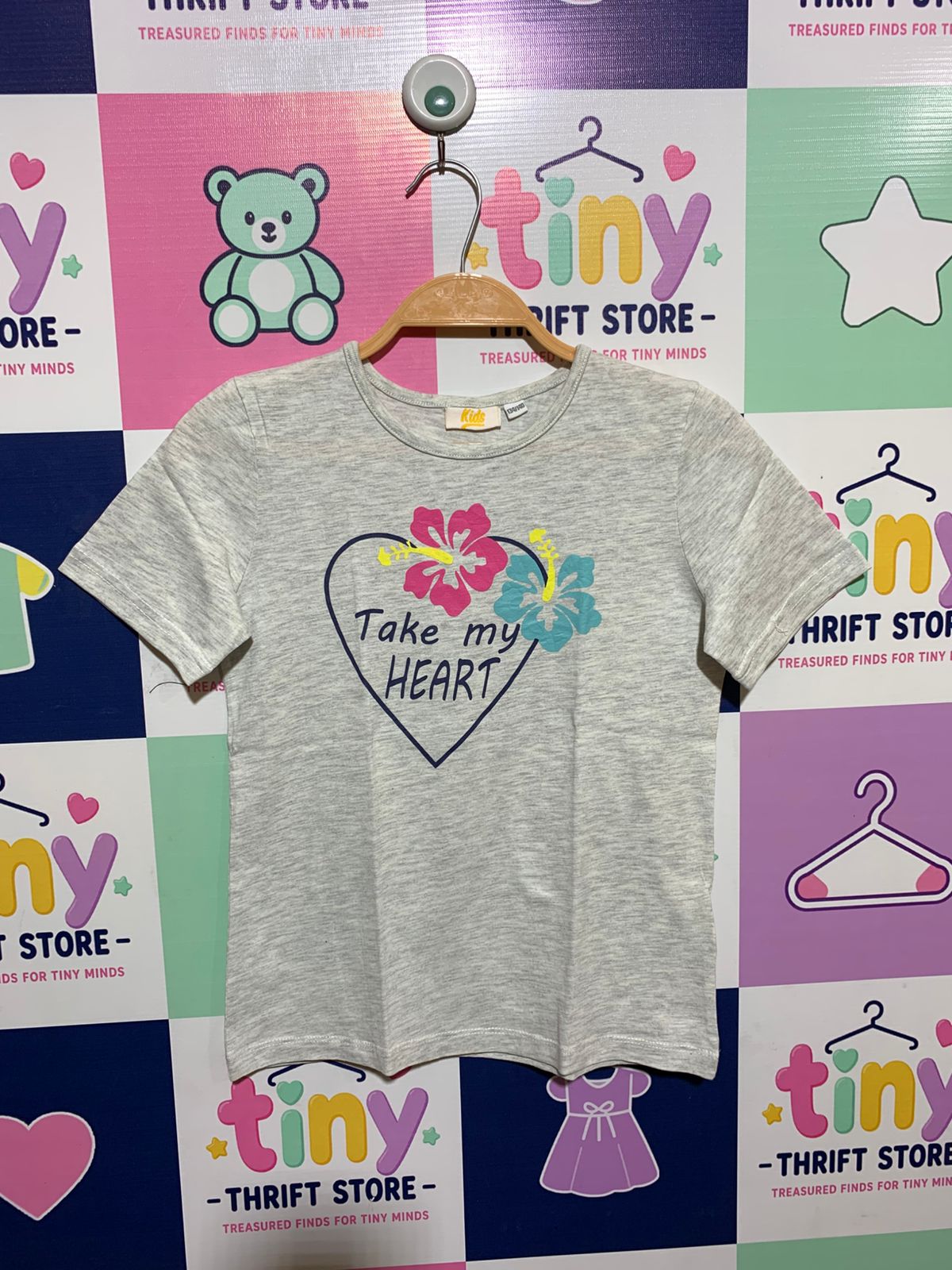 Kids Girls Heather Grey "Take My Heart" Tropical Floral Graphic Tee - Size Estimated Age 9-10 Years AB1
