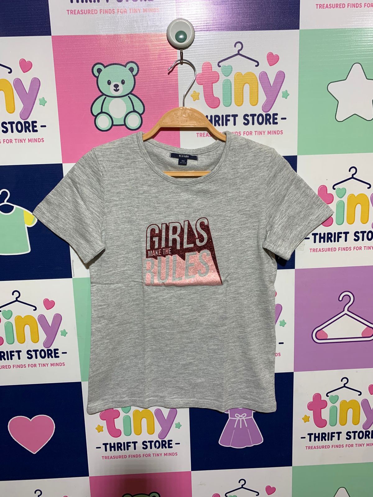 Kiabi Girls' Heather Grey "Girls Make The Rules" Graphic Tee – Size Estimated Age 10Y AB1