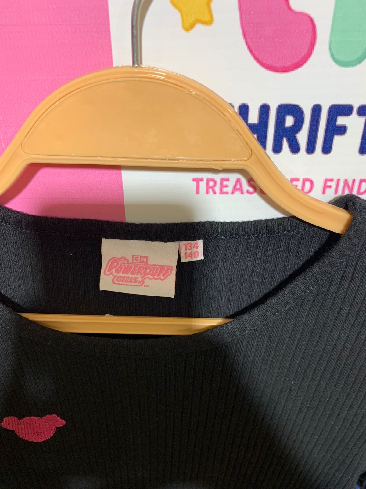 Official Powerpuff Girls Ribbed Knit Black Crop Top with Pink Elastic Hem – Size 134/140 (Estimated Age 9-10 Years) Girls AB1
