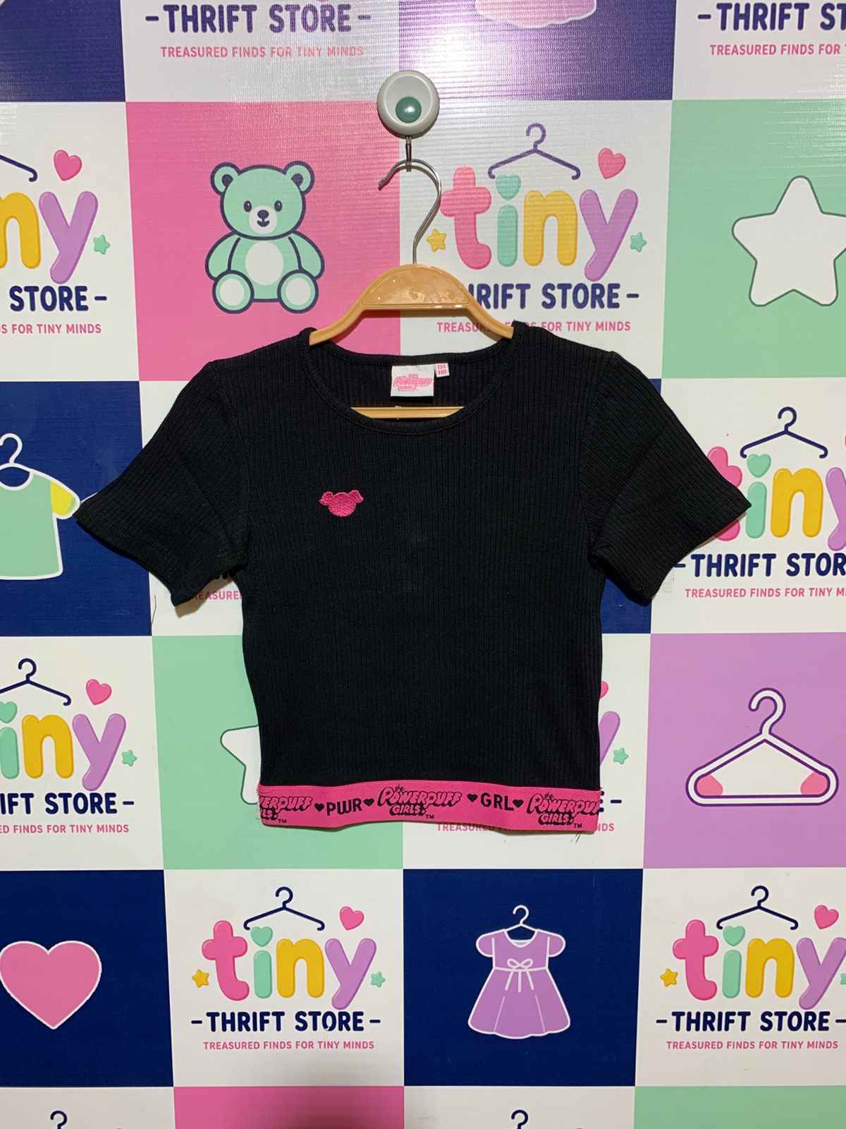 Official Powerpuff Girls Ribbed Knit Black Crop Top with Pink Elastic Hem – Size 134/140 (Estimated Age 9-10 Years) Girls AB1