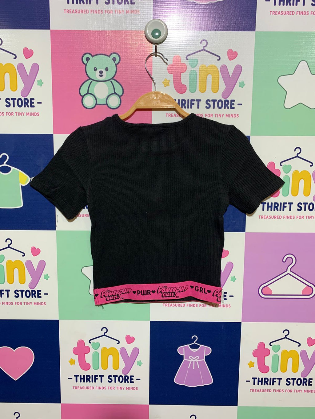 Official Powerpuff Girls Ribbed Knit Black Crop Top with Pink Elastic Hem – Size 134/140 (Estimated Age 9-10 Years) Girls AB1