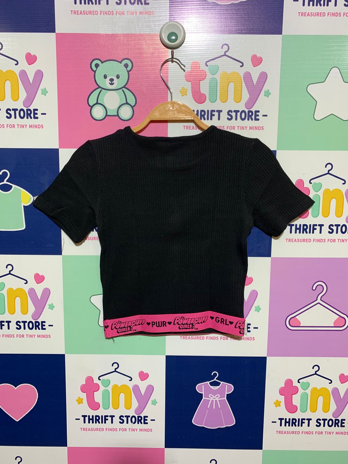 Official Powerpuff Girls Ribbed Knit Black Crop Top with Pink Elastic Hem – Size 134/140 (Estimated Age 9-10 Years) Girls AB1