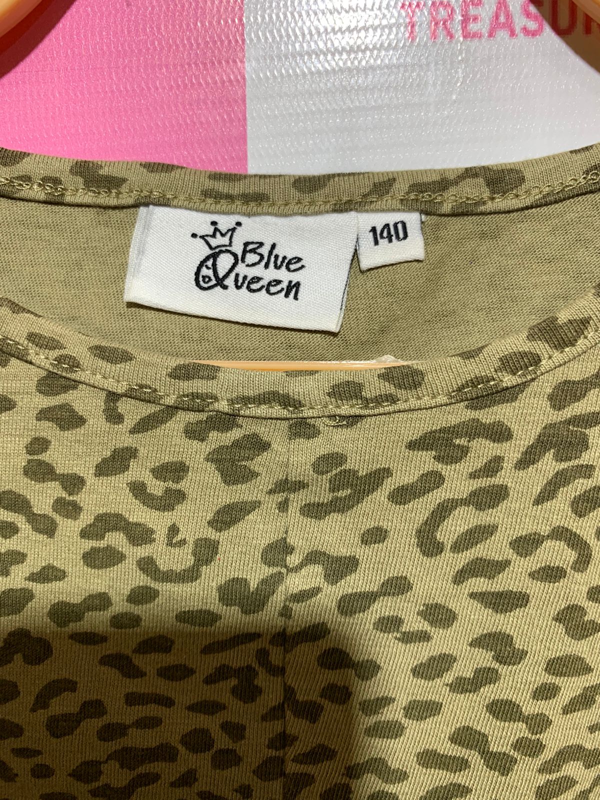 Blue Queen Girls Olive Leopard Print Knotted Front Crop Tee - Size 140 (Estimated Age 9-10Y) AB1