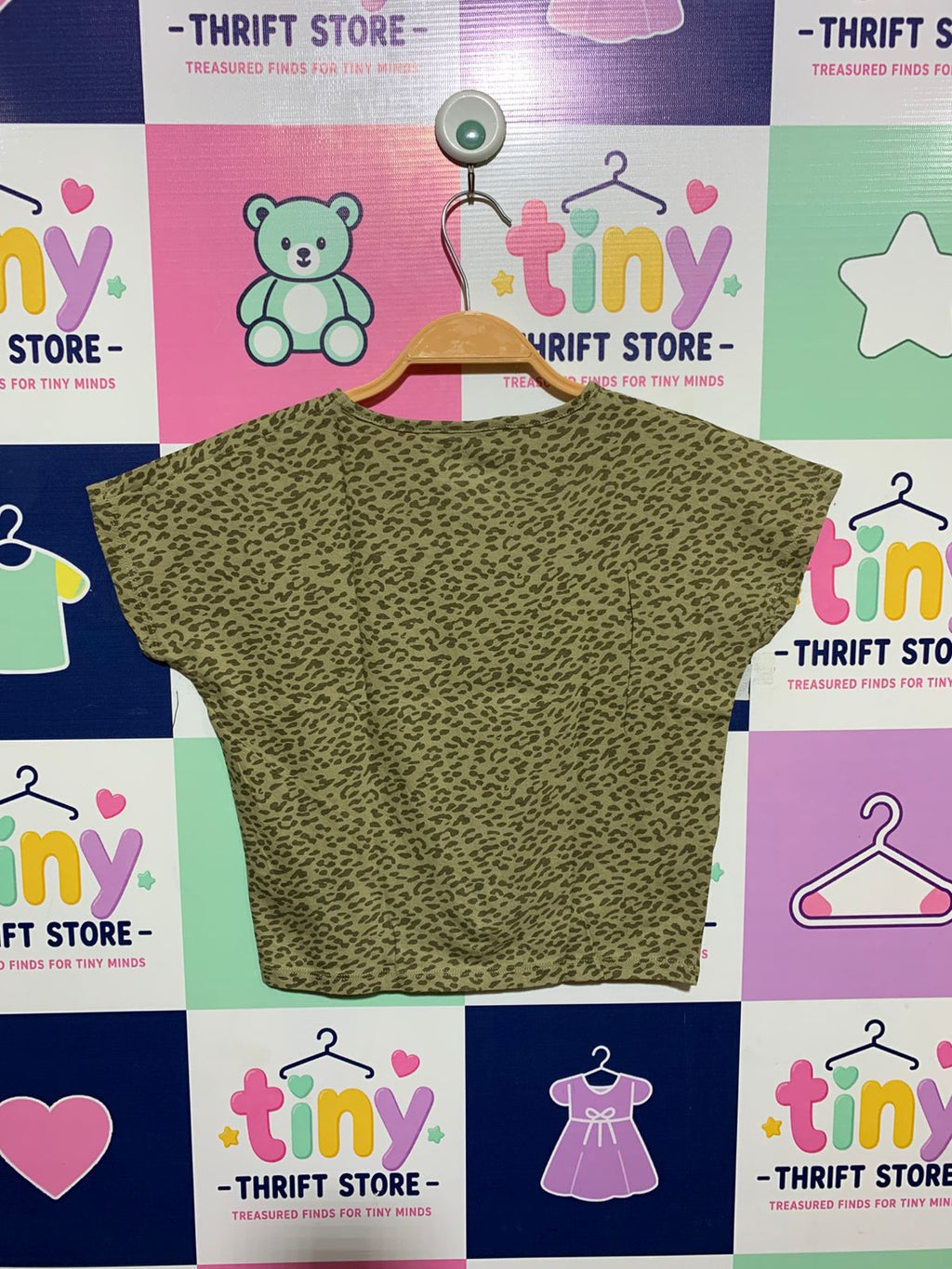 Blue Queen Girls Olive Leopard Print Knotted Front Crop Tee - Size 140 (Estimated Age 9-10Y) AB1