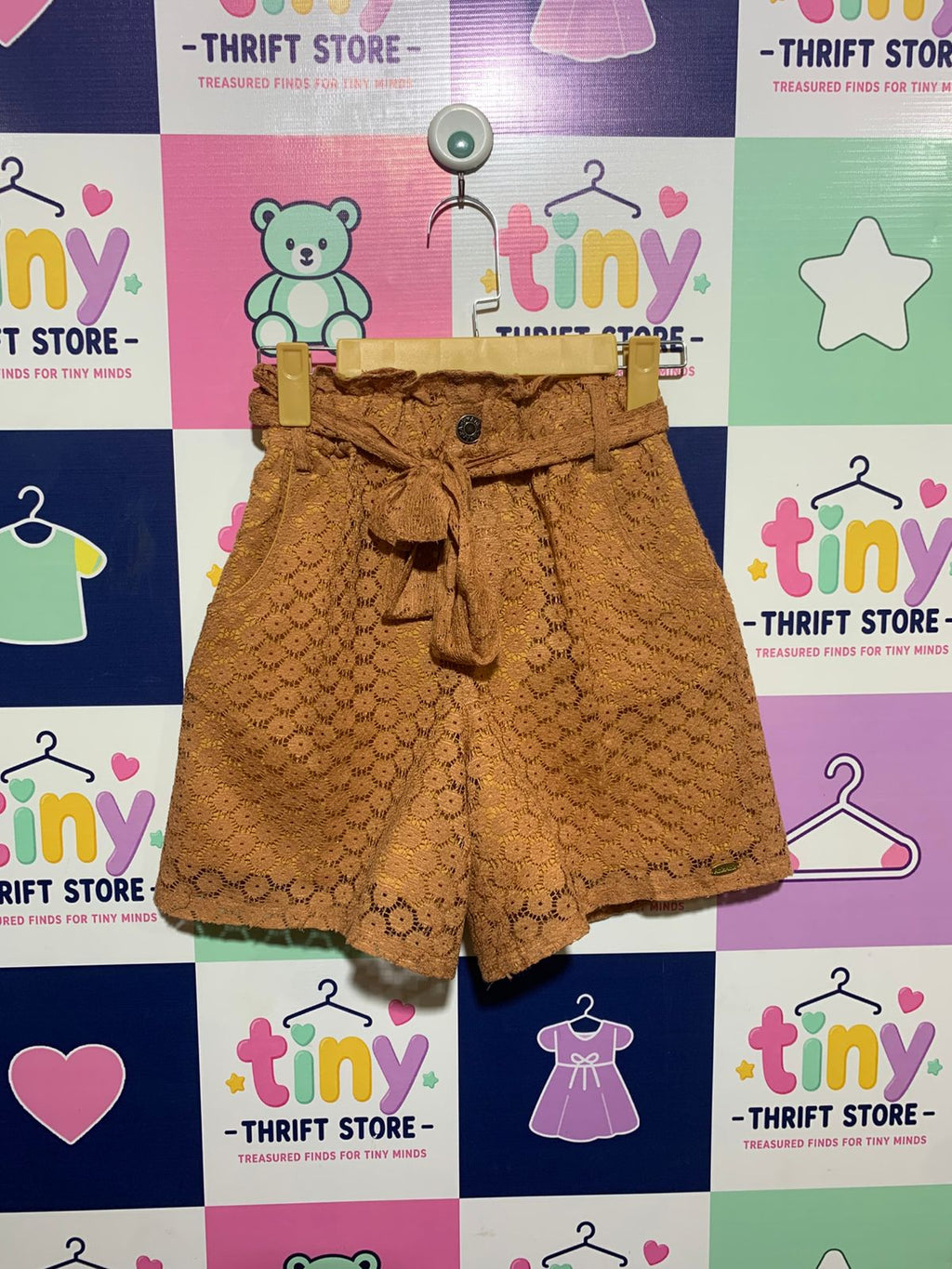 Ank Girls Mustard Yellow Floral Lace Paperbag Shorts with Matching Tie Belt - Size Estimated Age 10 Years AB1