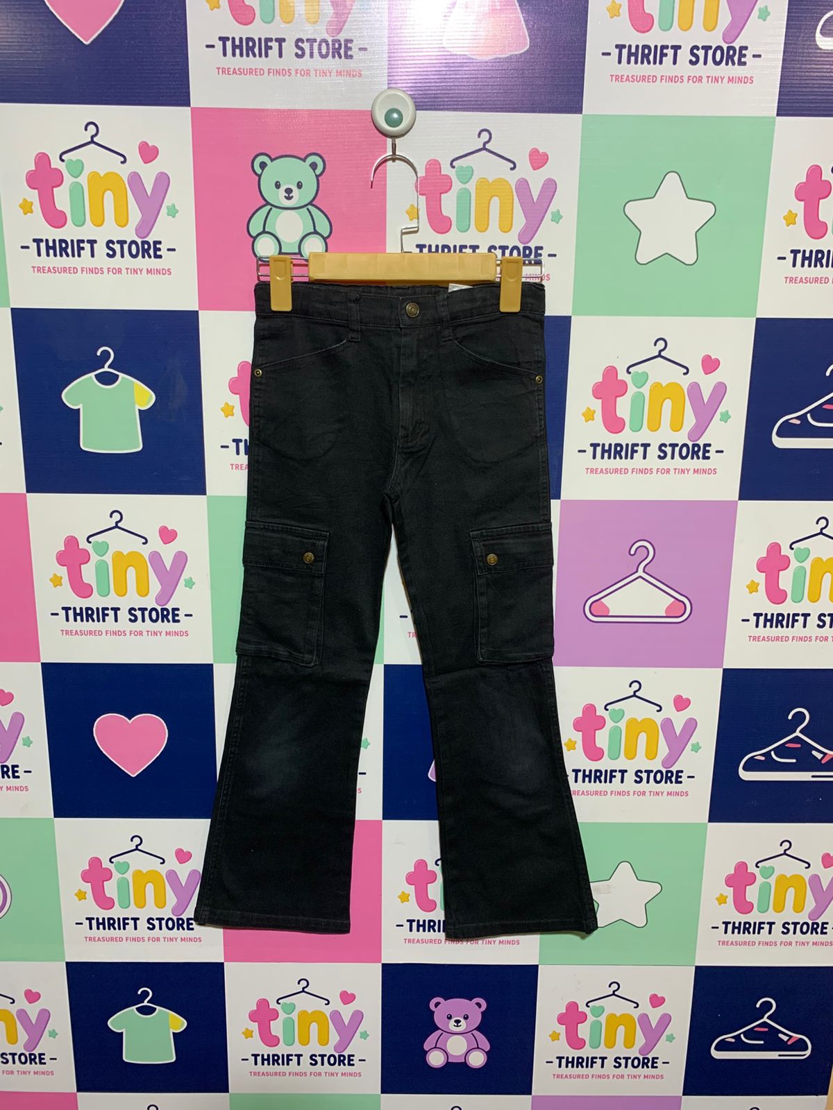 Blue Mart Kids Boys Washed Black Cargo Flare Pants - Size Estimated Age 10 Years AB1