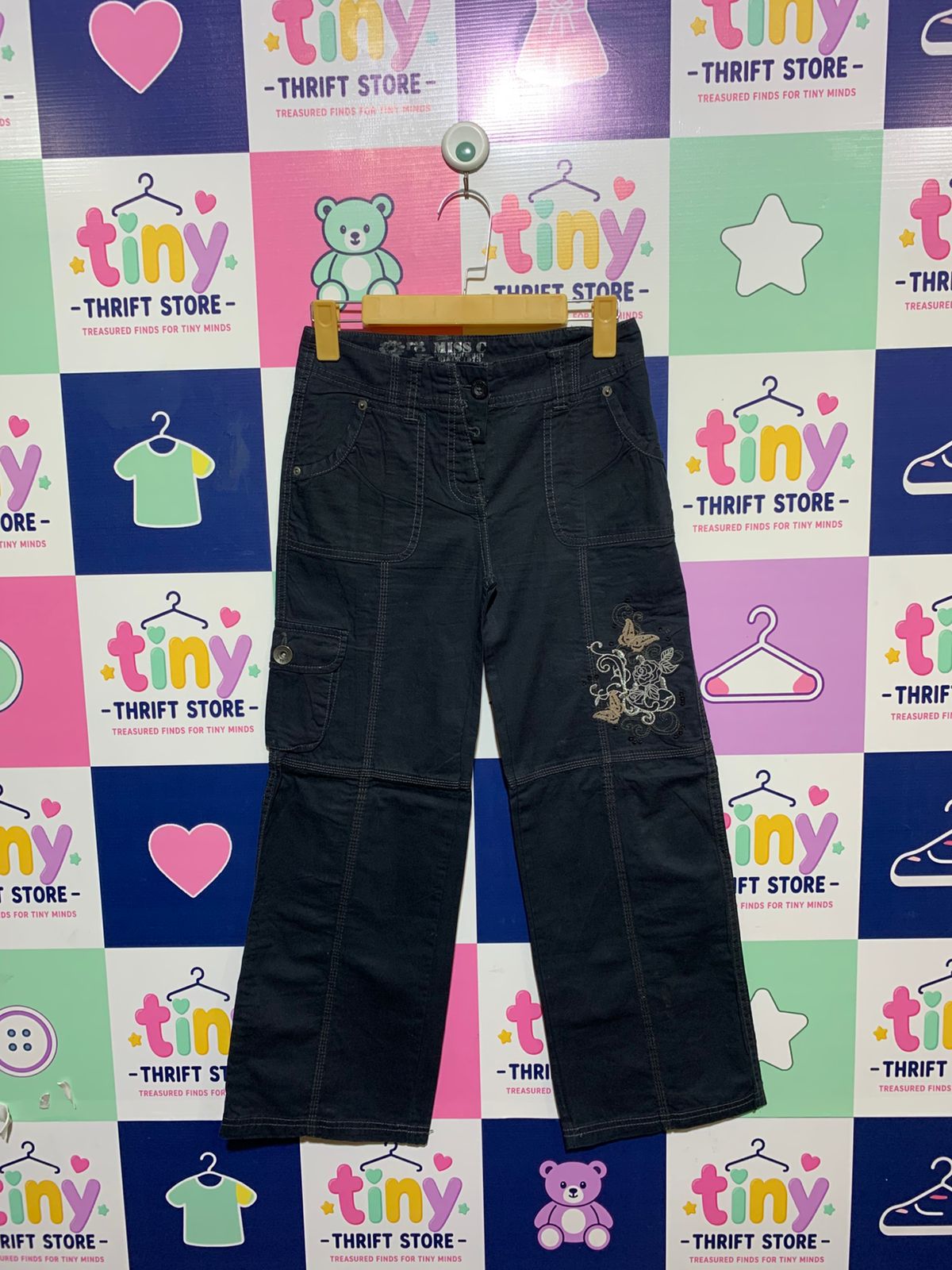 Cherokee Girls "Miss C" Black Wide-Leg Cargo Pants with Floral Embroidery - Size Estimated Age 10 Years AB1
