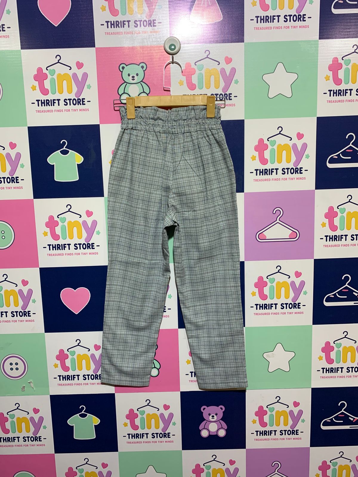 GU Girls Light Blue Plaid High-Waisted Paperbag Trousers - Size Estimated Age 10 Years AB1