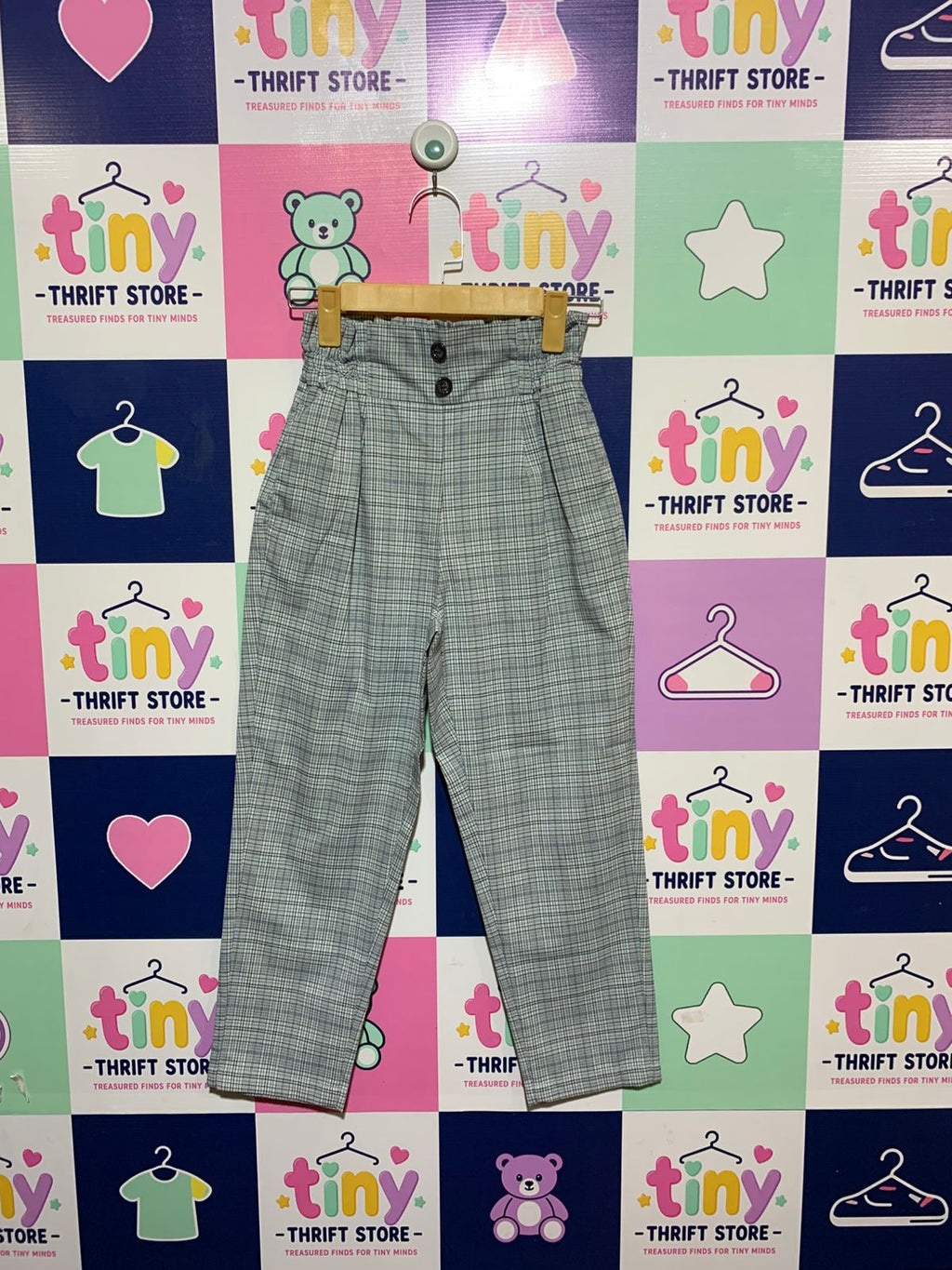 GU Girls Light Blue Plaid High-Waisted Paperbag Trousers - Size Estimated Age 10 Years AB1