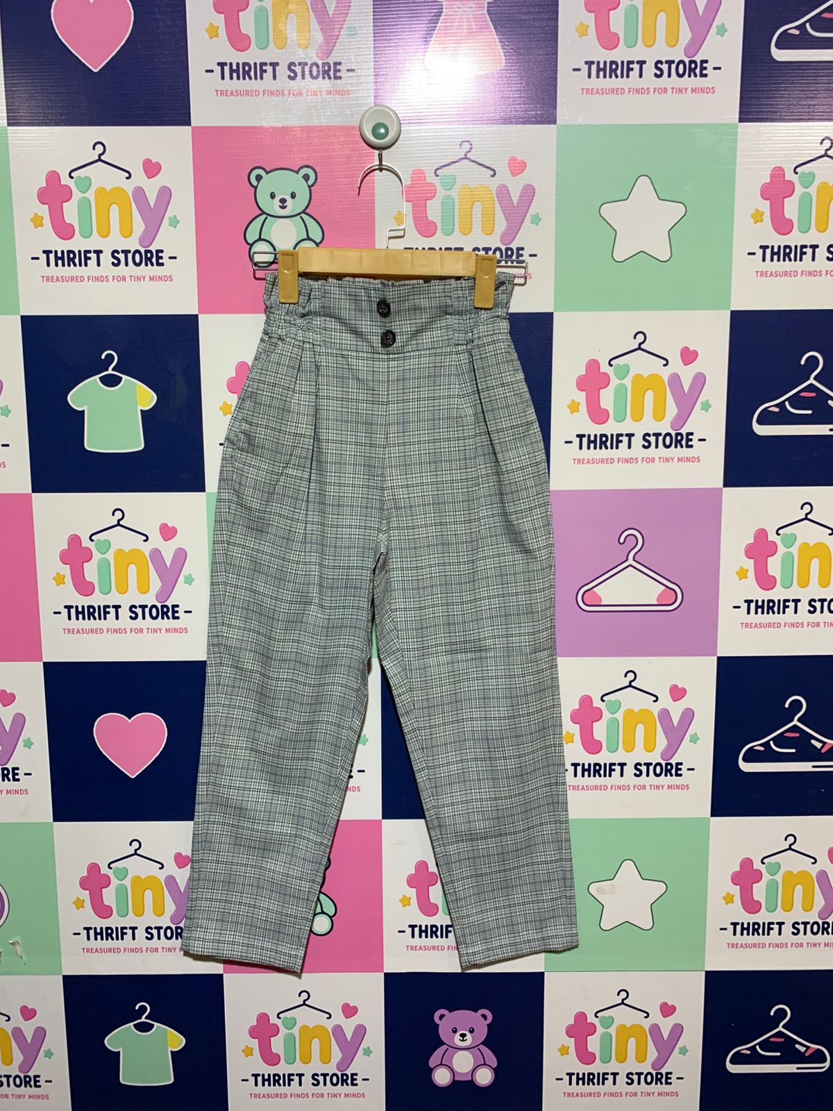 GU Girls Light Blue Plaid High-Waisted Paperbag Trousers - Size Estimated Age 10 Years AB1