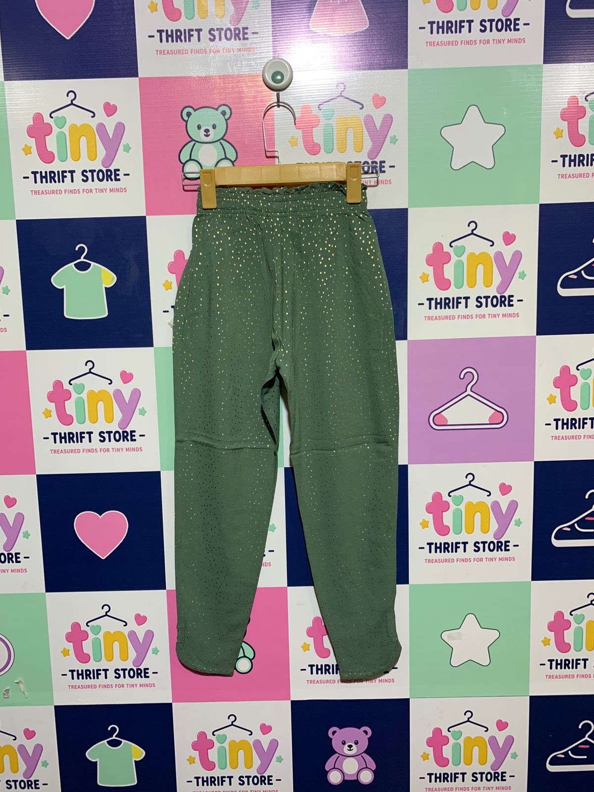 H&M Girls Khaki Green Gold-Spotted Woven Joggers - Size Estimated Age 8-9 Years AB1