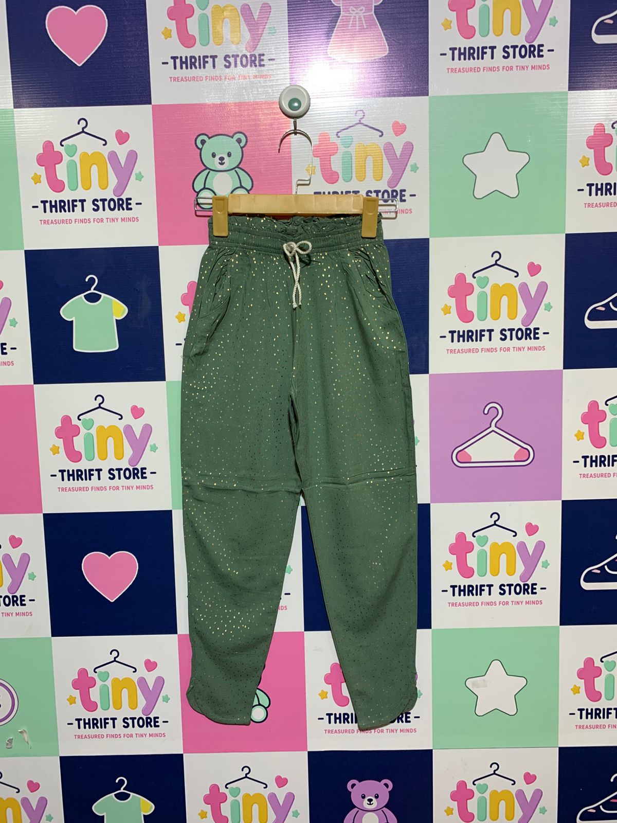 H&M Girls Khaki Green Gold-Spotted Woven Joggers - Size Estimated Age 8-9 Years AB1