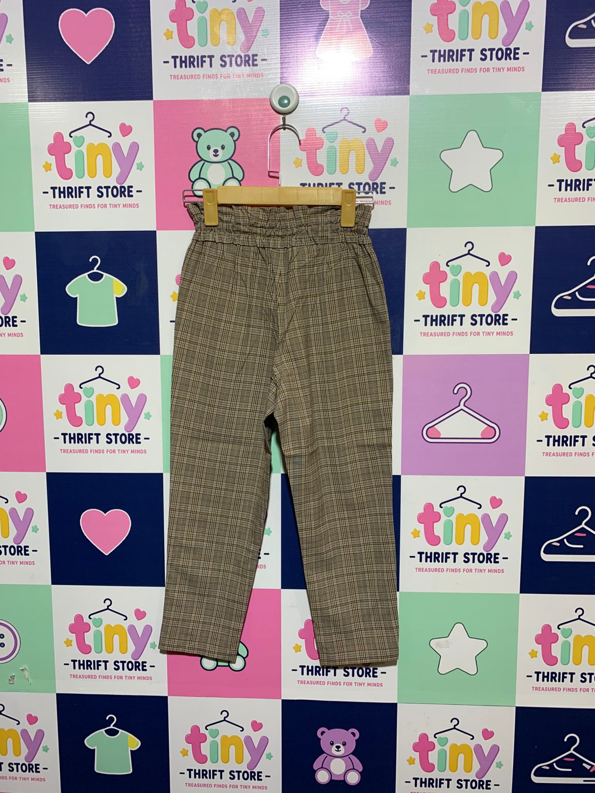GU Girls Brown Glen Plaid High-Waisted Paperbag Trousers - Size Estimated Age 9 Years AB1