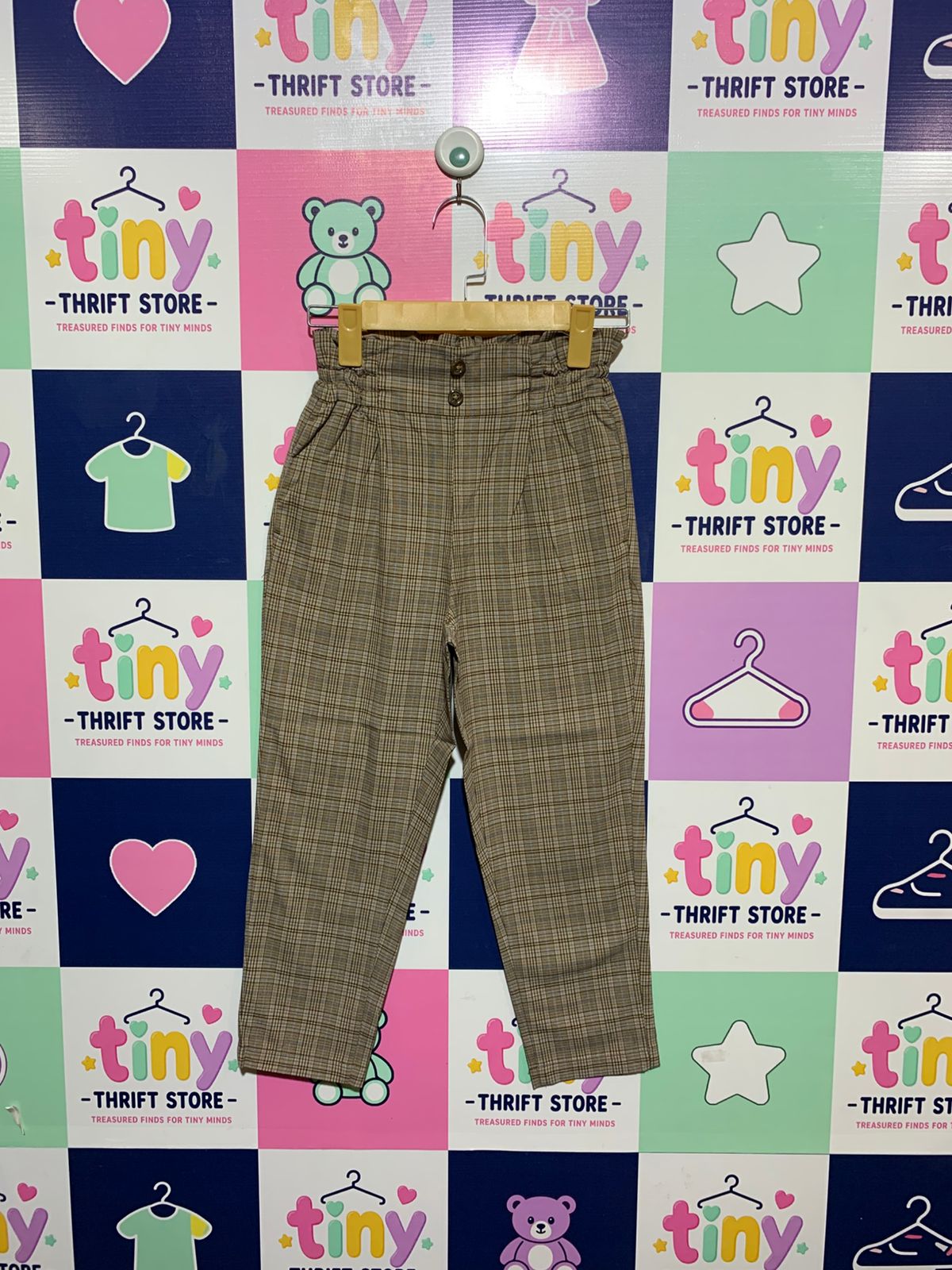 GU Girls Brown Glen Plaid High-Waisted Paperbag Trousers - Size Estimated Age 9 Years AB1