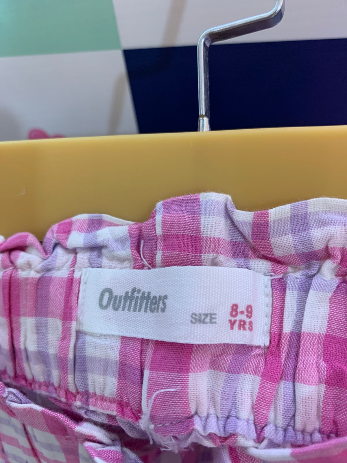 Outfitters Girls Pink and White Gingham Plaid Paperbag Trousers - Size Estimated Age 8-9 Years AB1