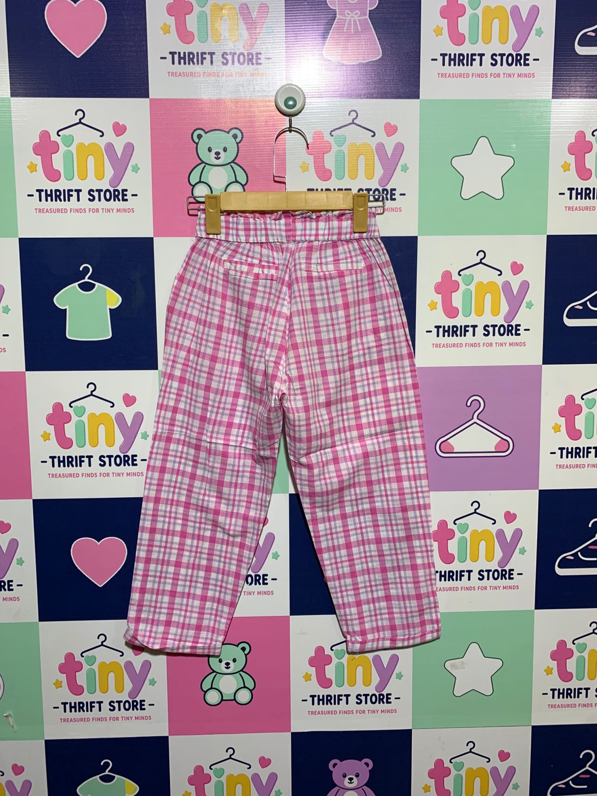Outfitters Girls Pink and White Gingham Plaid Paperbag Trousers - Size Estimated Age 8-9 Years AB1