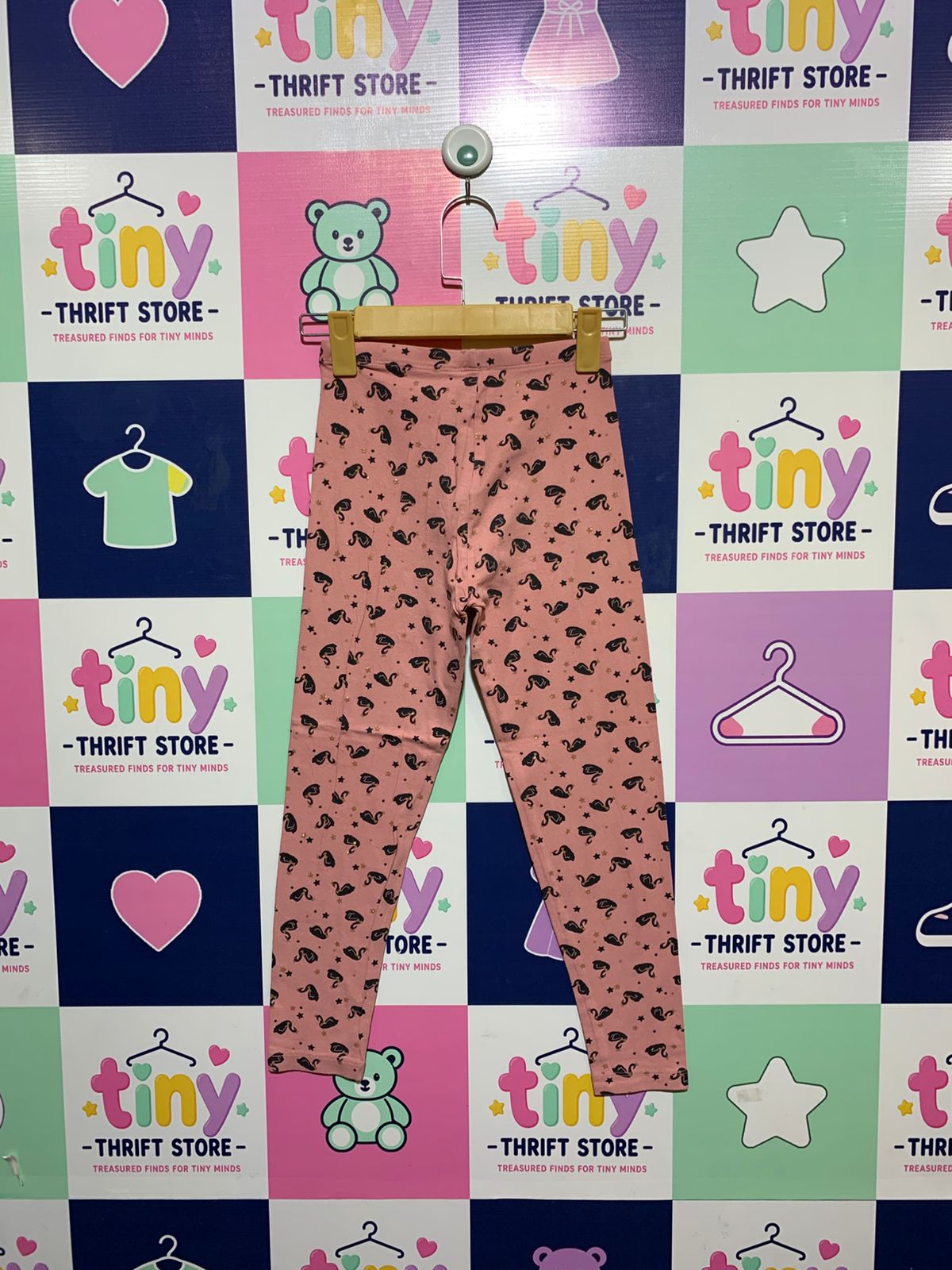 Palomino Girls Soft Pink "Sparkling Swan & Star" Print Leggings - Size Estimated Age 10 Years AB1
