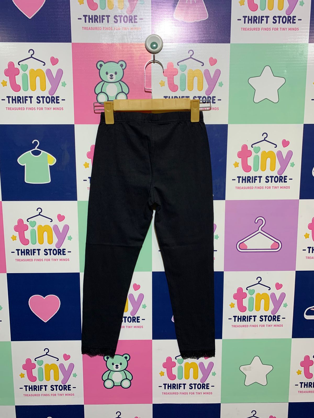 Y.F.K Girls Essential Black Lace-Trim Cropped Leggings - Size Estimated Age 8-10 Years AB1