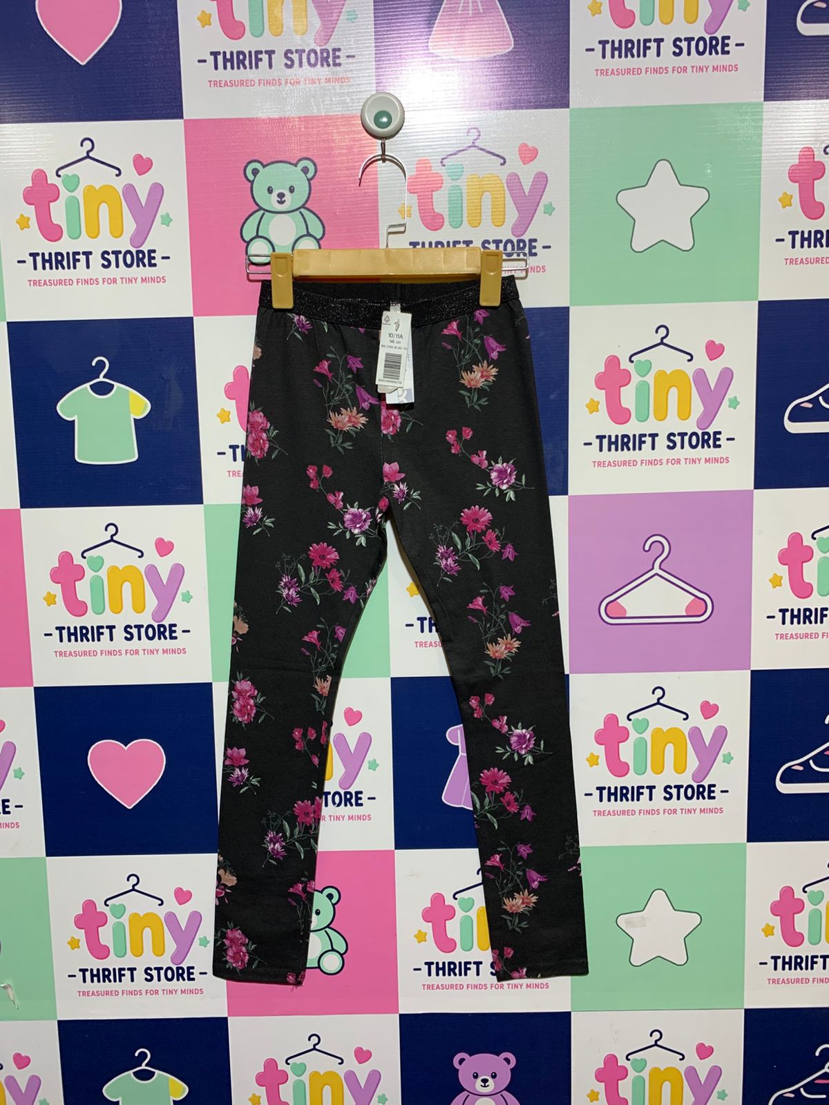 IDEXE Girls Black Floral Print Leggings with Glitter Waistband - Size Estimated Age 10-11 Years AB1