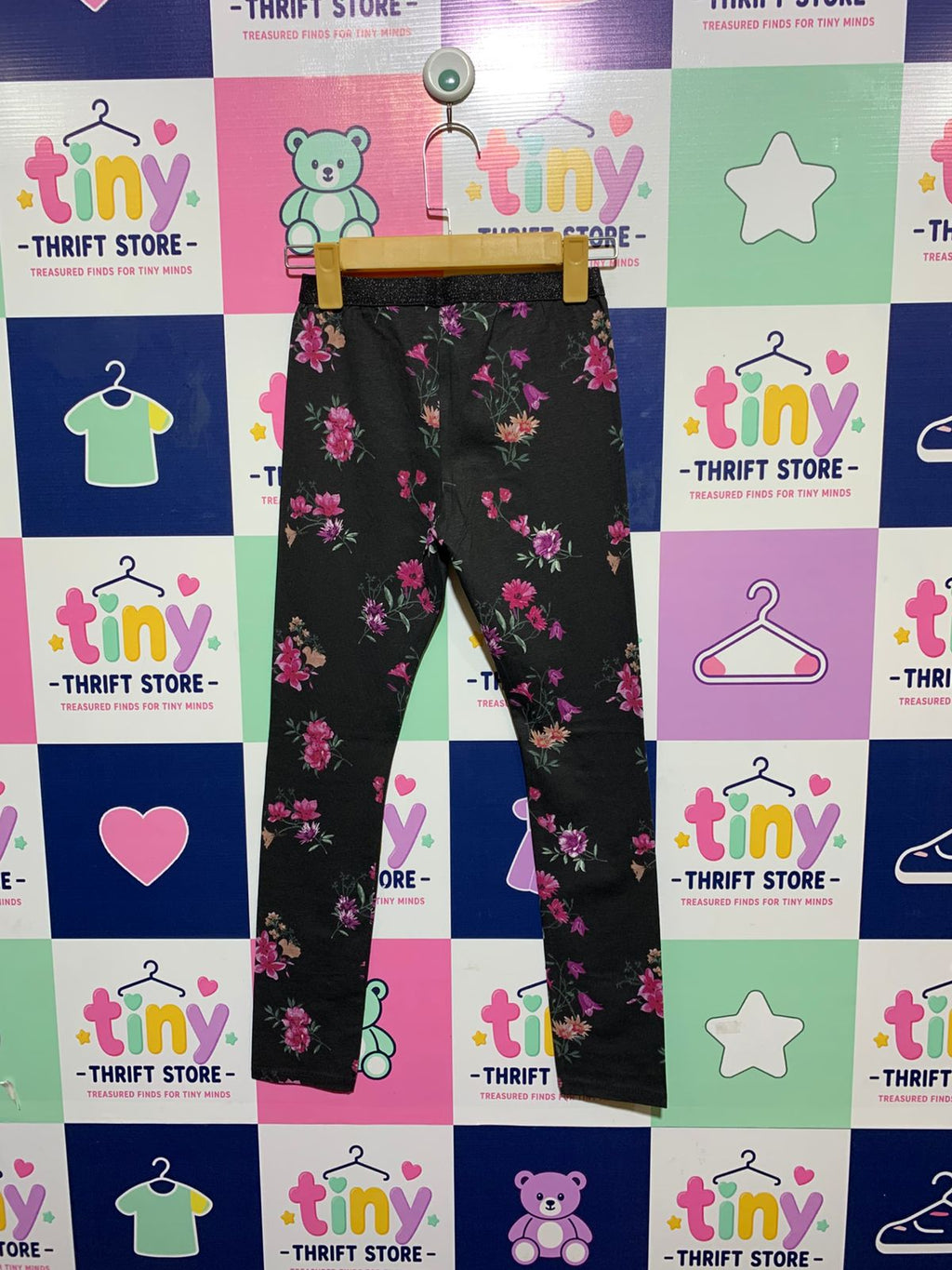 IDEXE Girls Black Floral Print Leggings with Glitter Waistband - Size Estimated Age 10-11 Years AB1