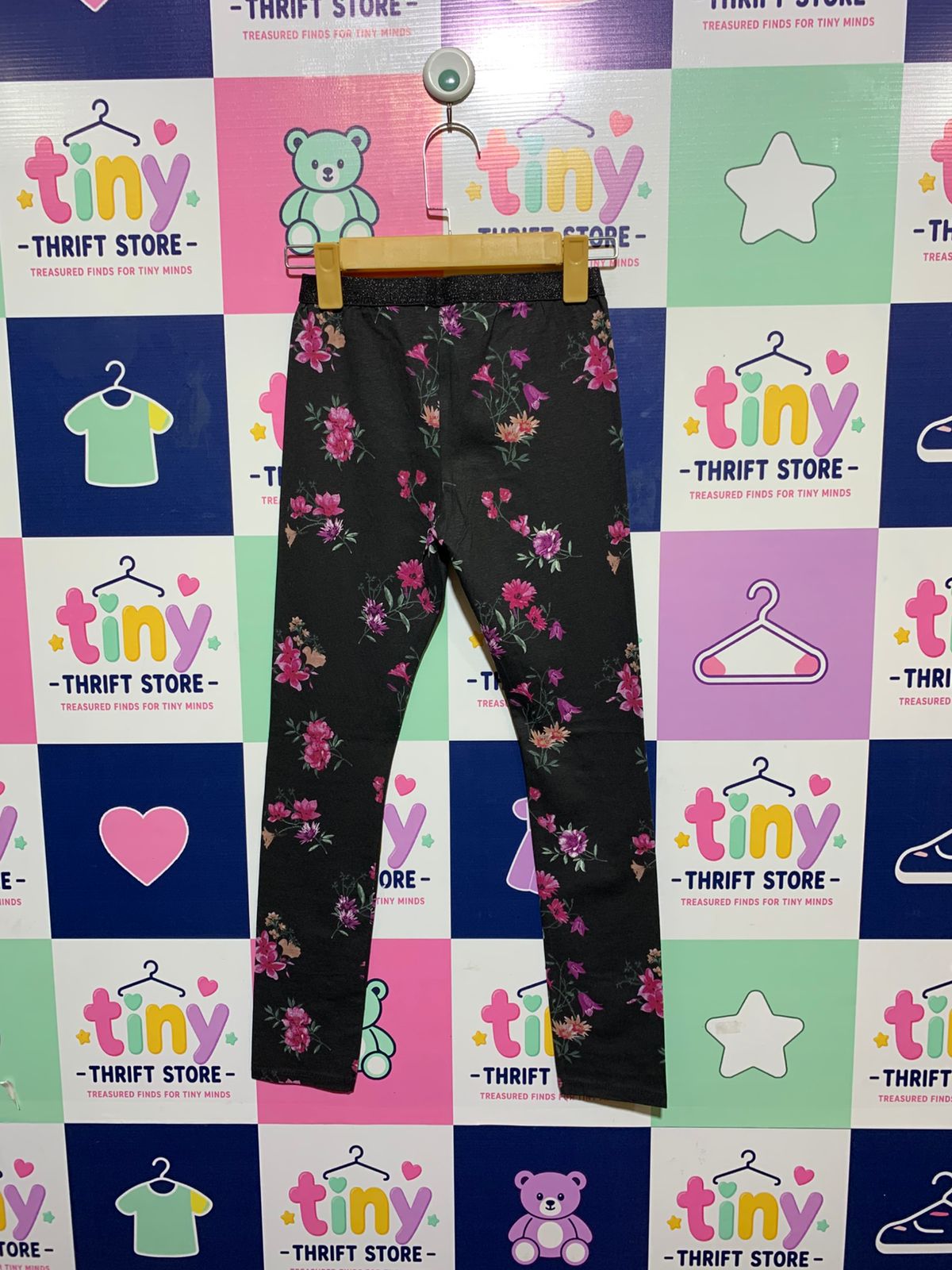 IDEXE Girls Black Floral Print Leggings with Glitter Waistband - Size Estimated Age 10-11 Years AB1