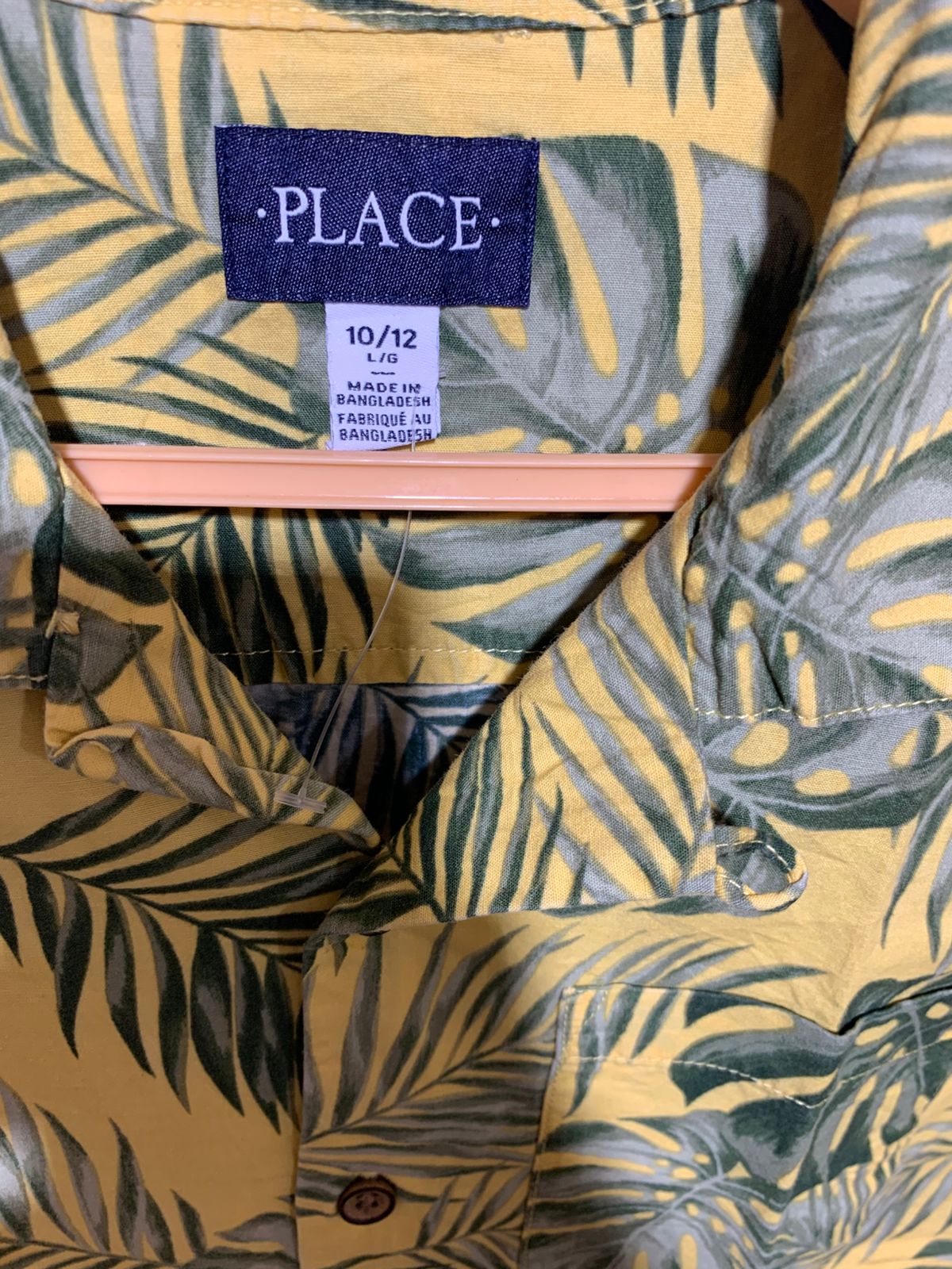 The Children's Place Boys Mustard Yellow "Tropical Palm & Monstera" Short Sleeve Button-Down - Size Estimated Age 10-12 AB1