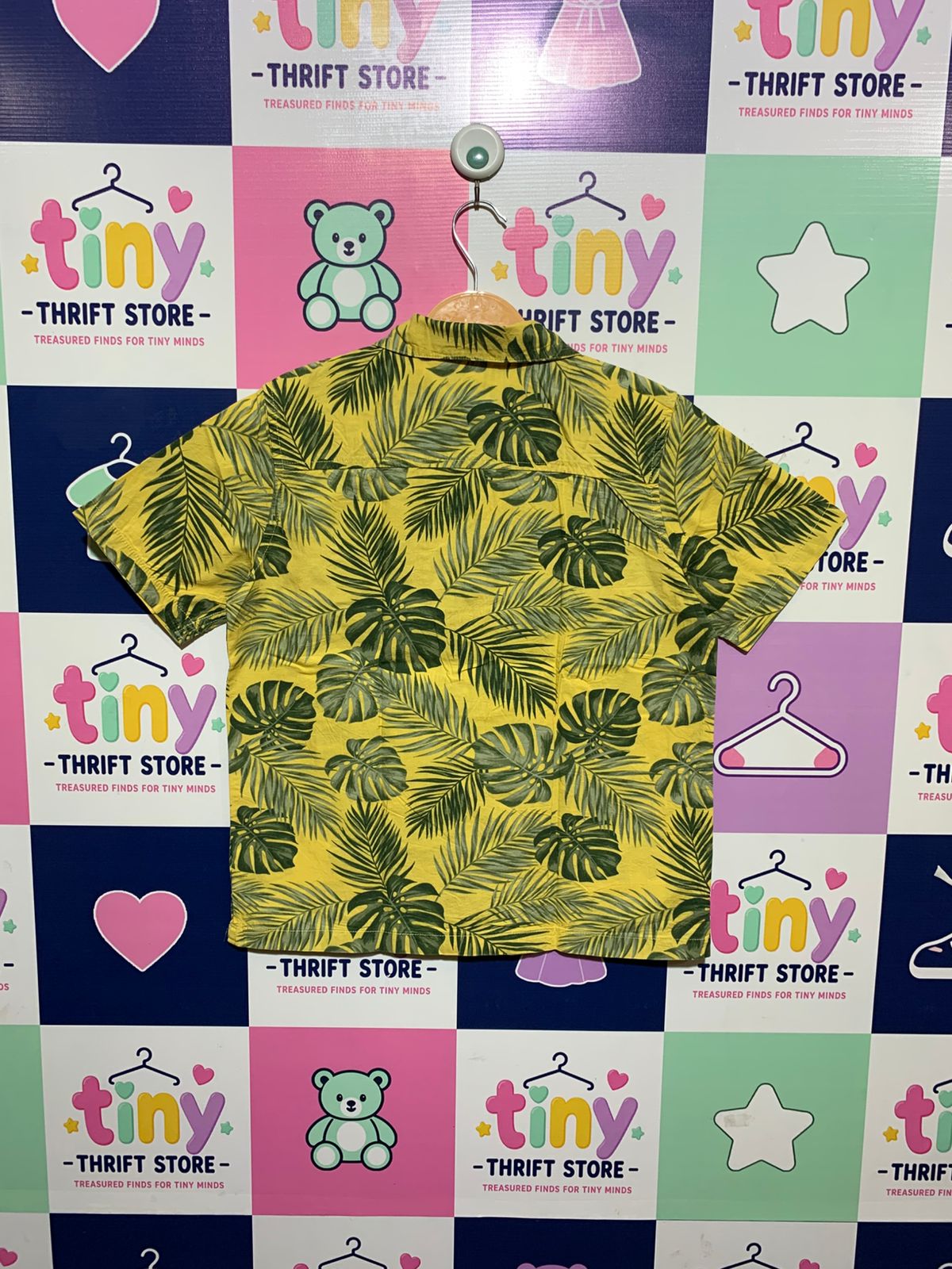 The Children's Place Boys Mustard Yellow "Tropical Palm & Monstera" Short Sleeve Button-Down - Size Estimated Age 10-12 AB1