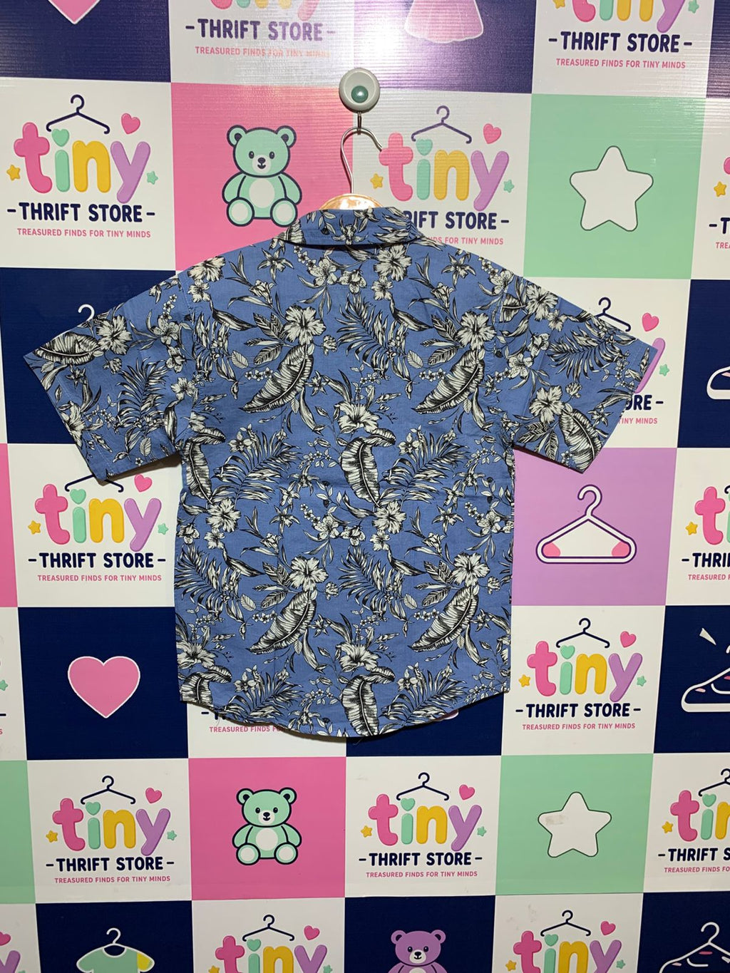 Encrypted Boys Periwinkle Blue "Tropical Hibiscus & Fern" Short Sleeve Button-Down - Size Estimated Age 12 AB1